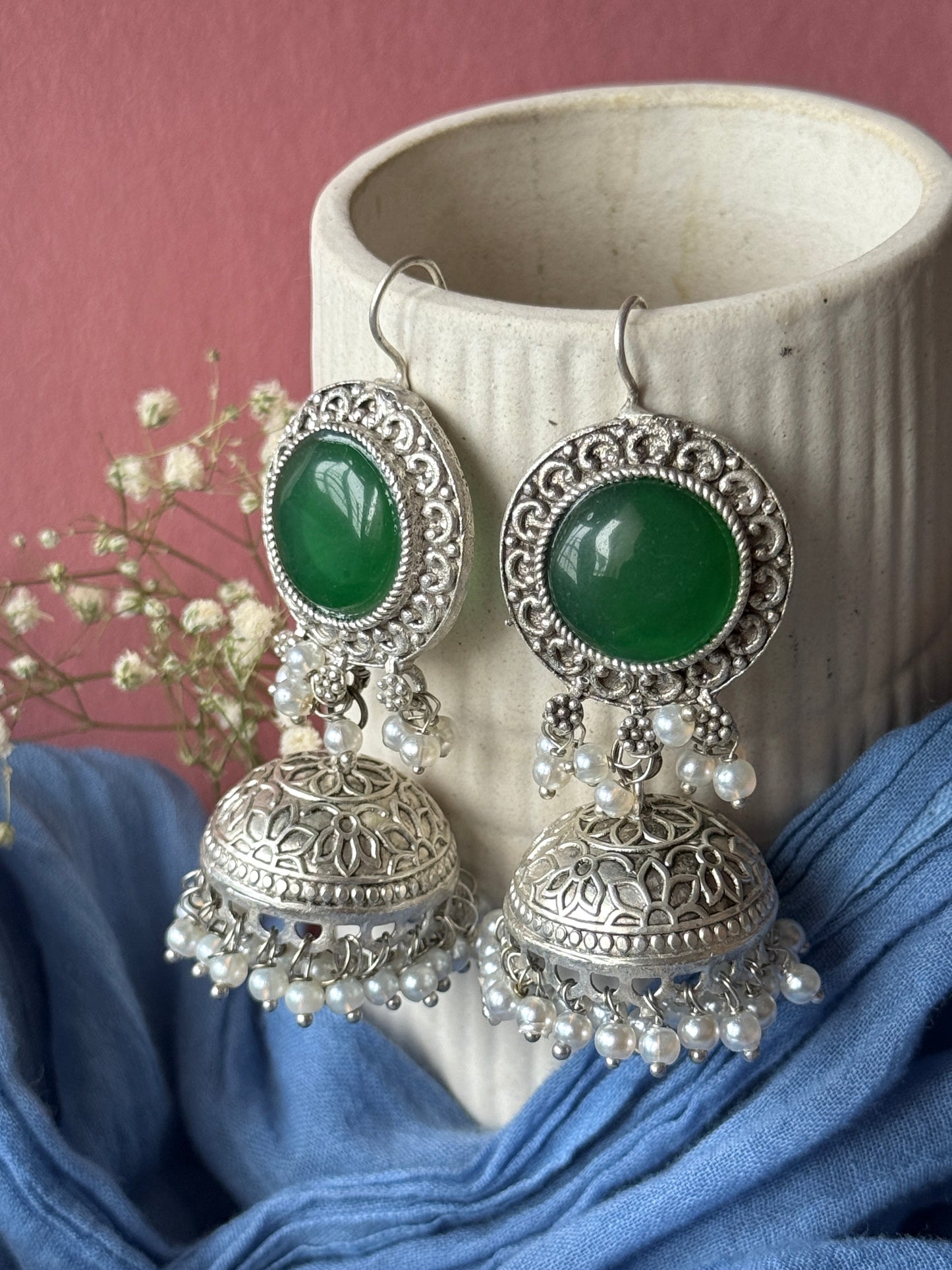 Silver Lookalike Jhumka with Dangling Pearls