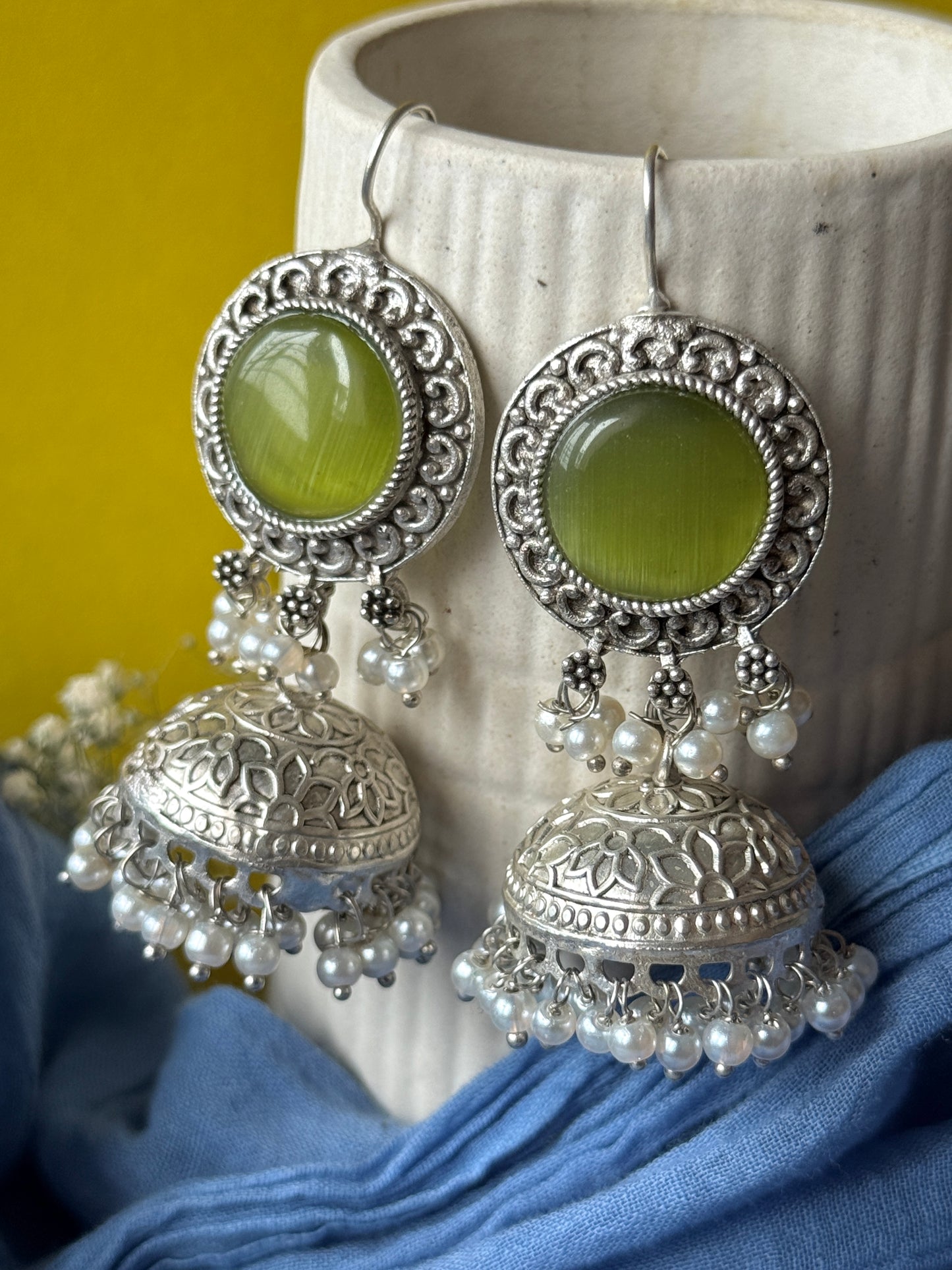 Silver Lookalike Jhumka with Dangling Pearls