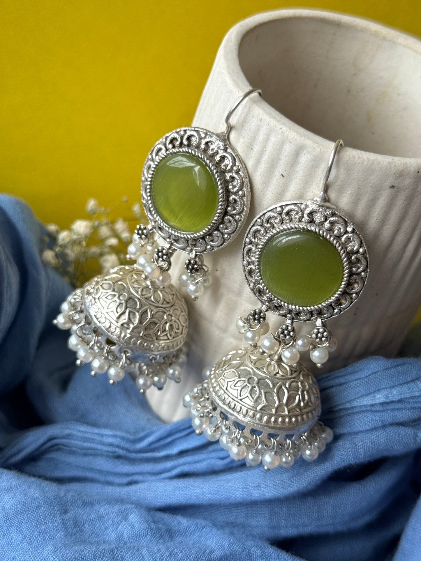 Silver Lookalike Jhumka with Dangling Pearls