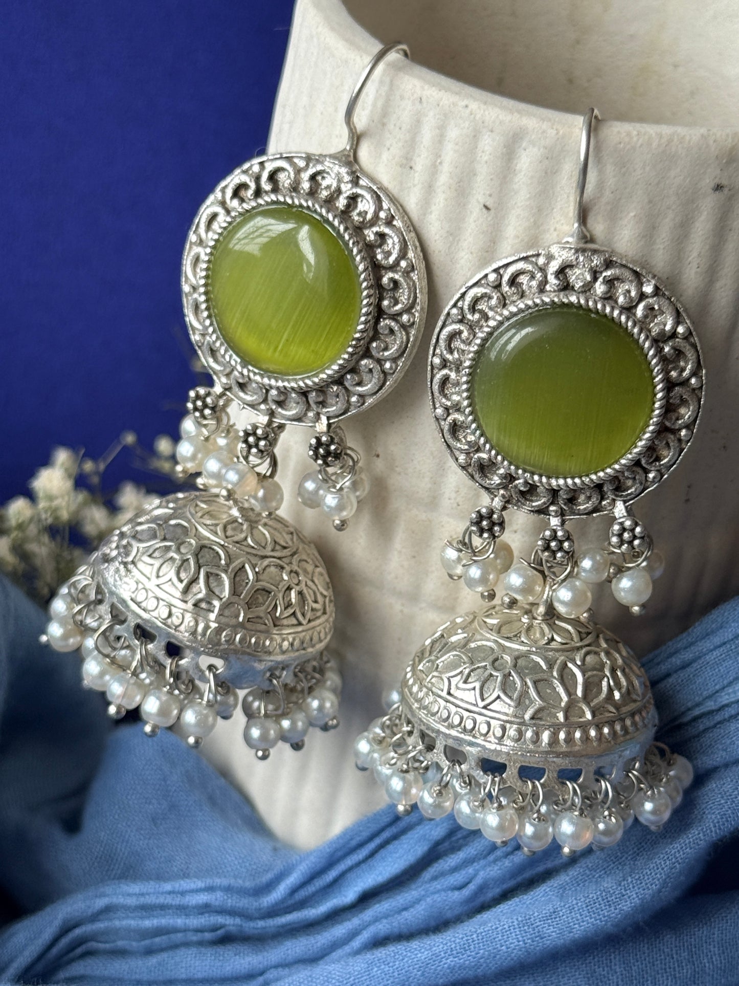 Silver Lookalike Jhumka with Dangling Pearls