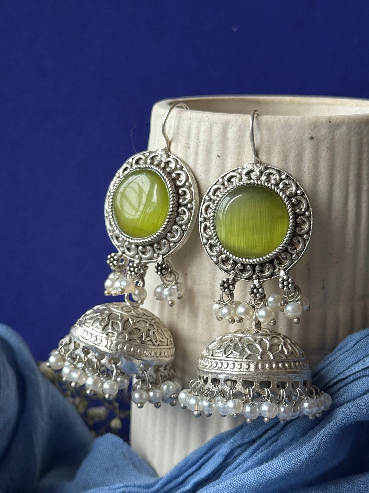 Silver Lookalike Jhumka with Dangling Pearls