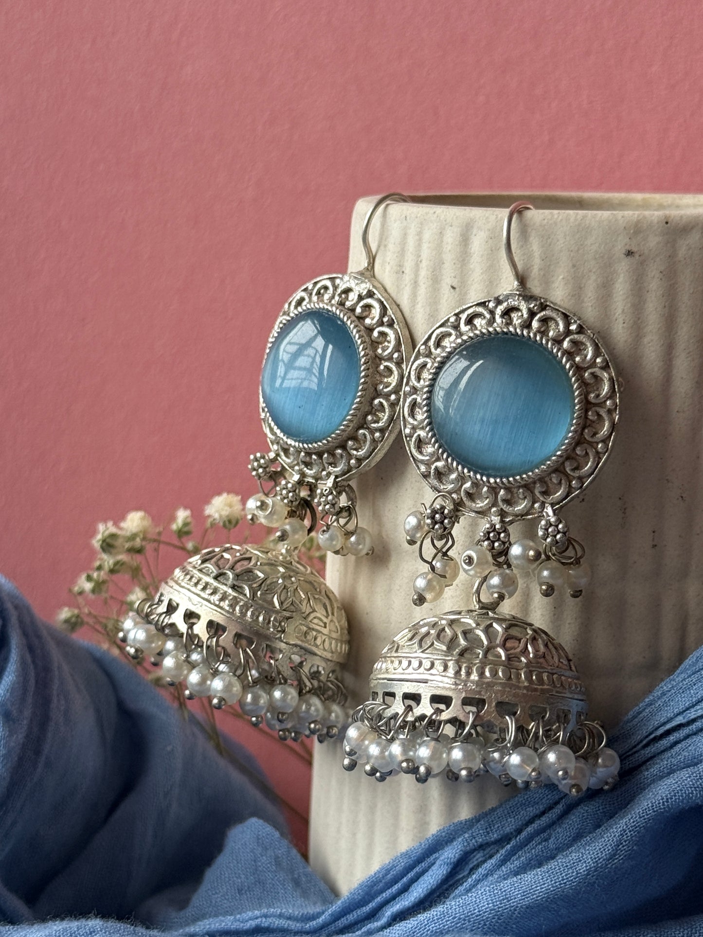Silver Lookalike Jhumka with Dangling Pearls