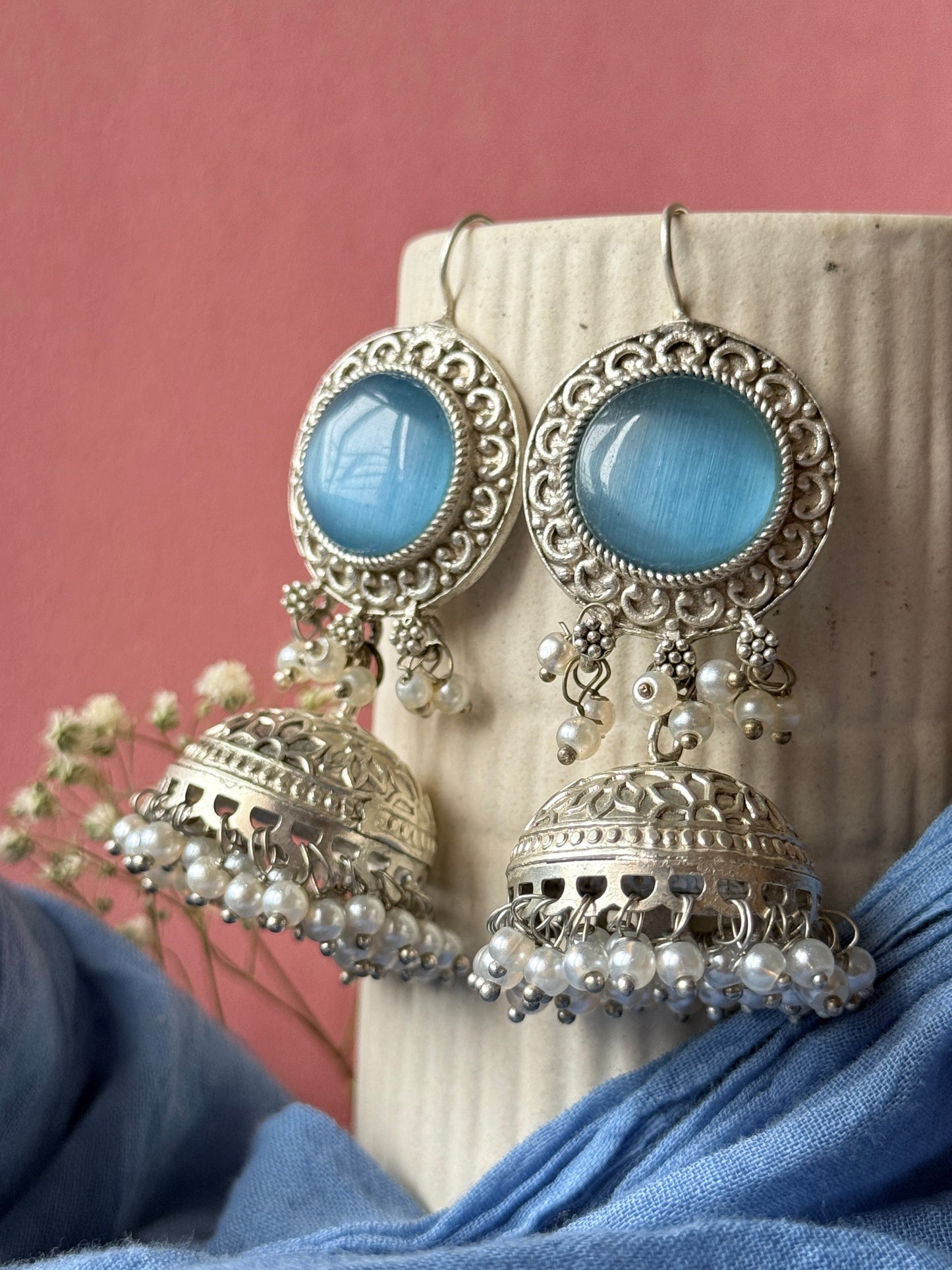 Silver Lookalike Jhumka with Dangling Pearls