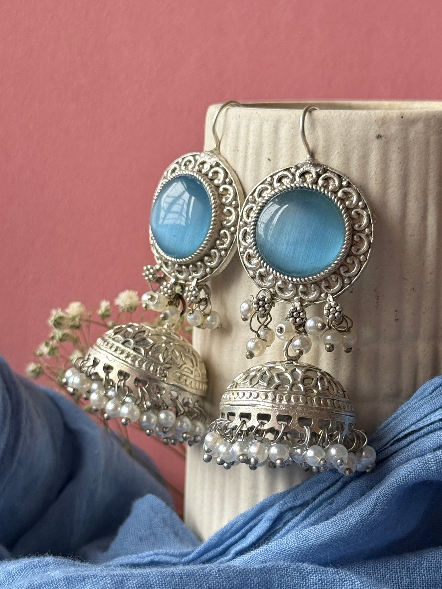 Silver Lookalike Jhumka with Dangling Pearls