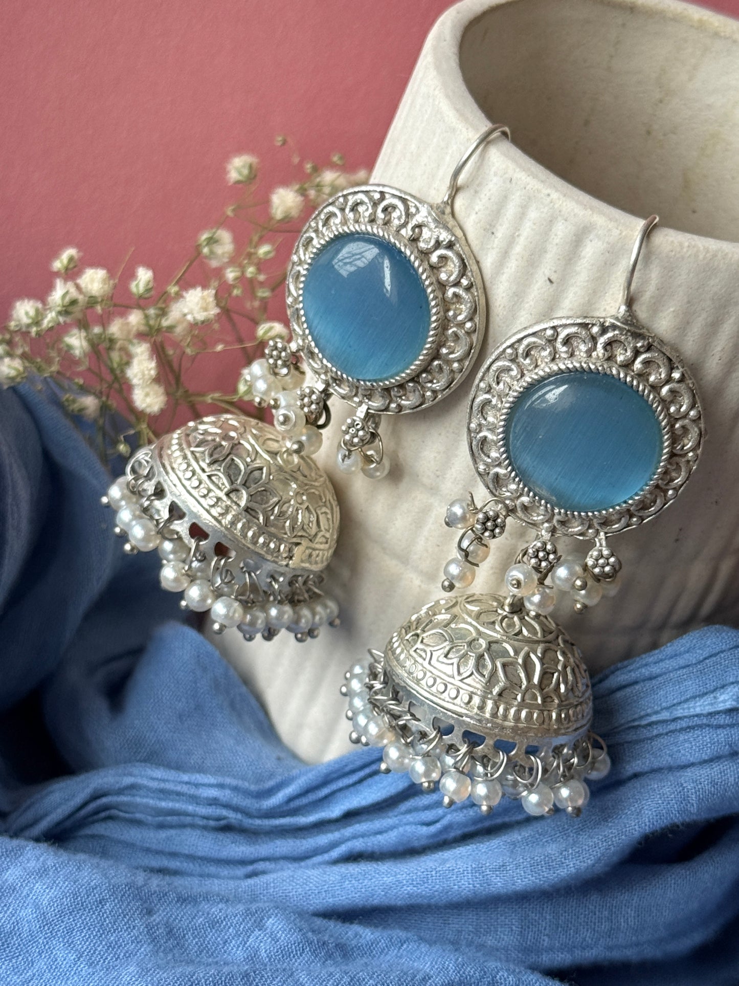 Silver Lookalike Jhumka with Dangling Pearls