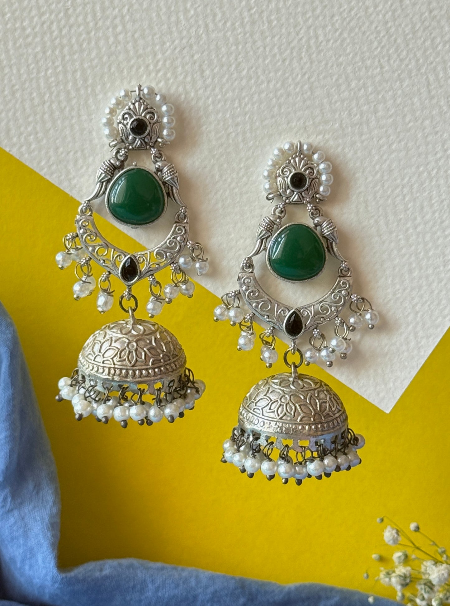 Silver Lookalike Jhumka with Embedded Pearls