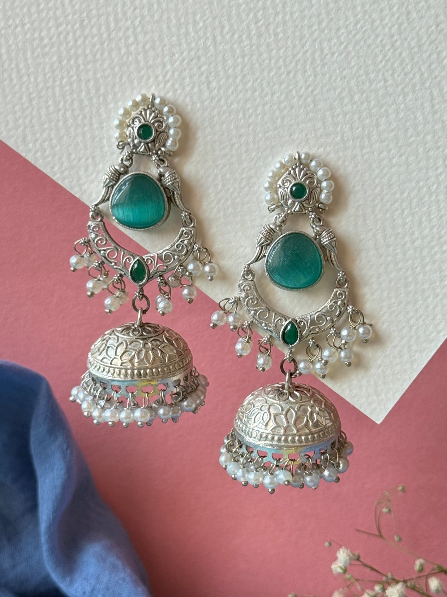 Silver Lookalike Jhumka with Embedded Pearls