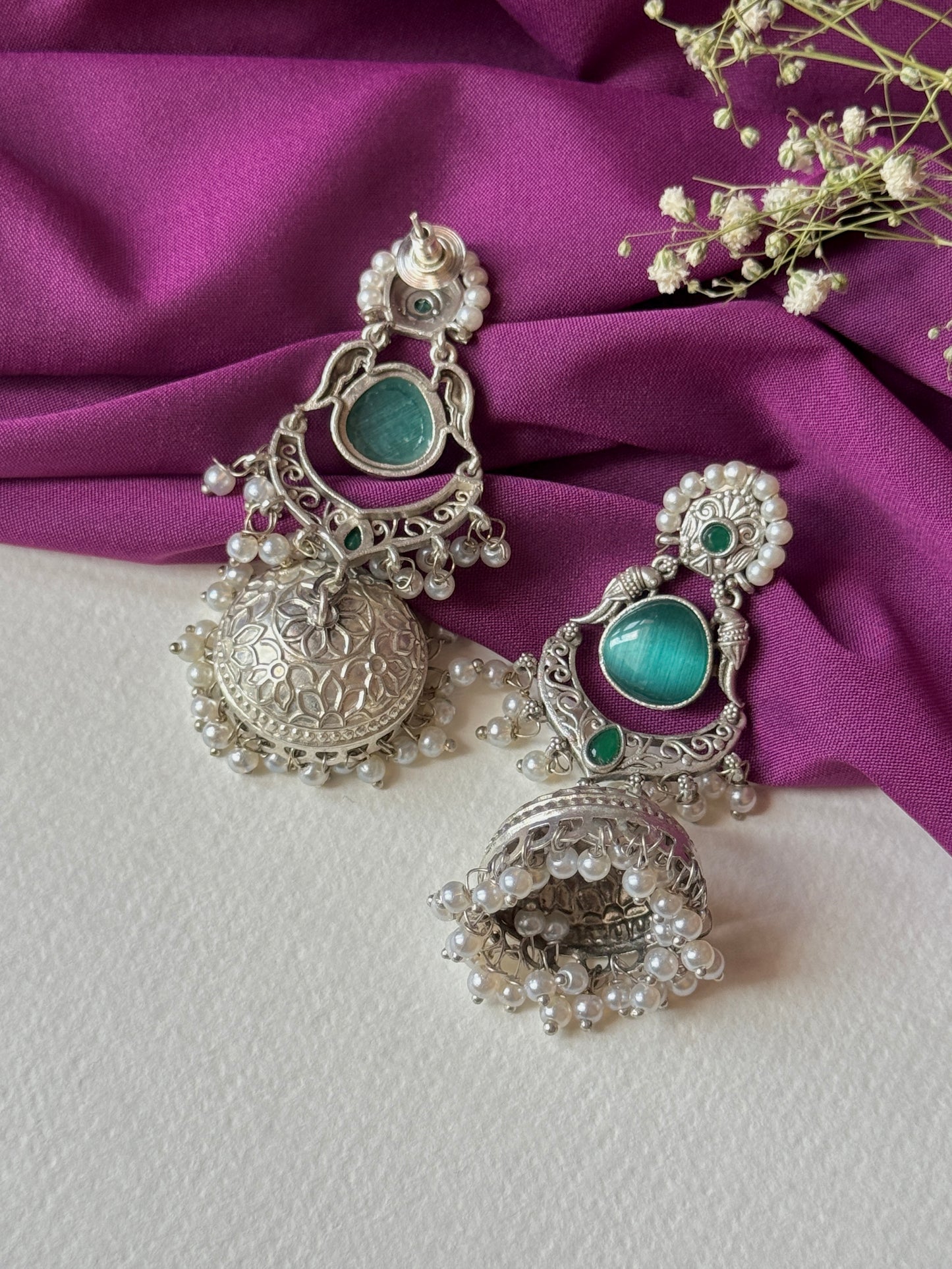 Silver Lookalike Jhumka with Embedded Pearls