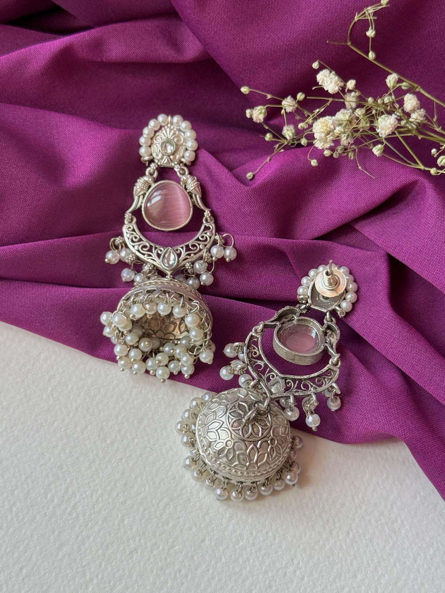 Silver Lookalike Jhumka with Embedded Pearls
