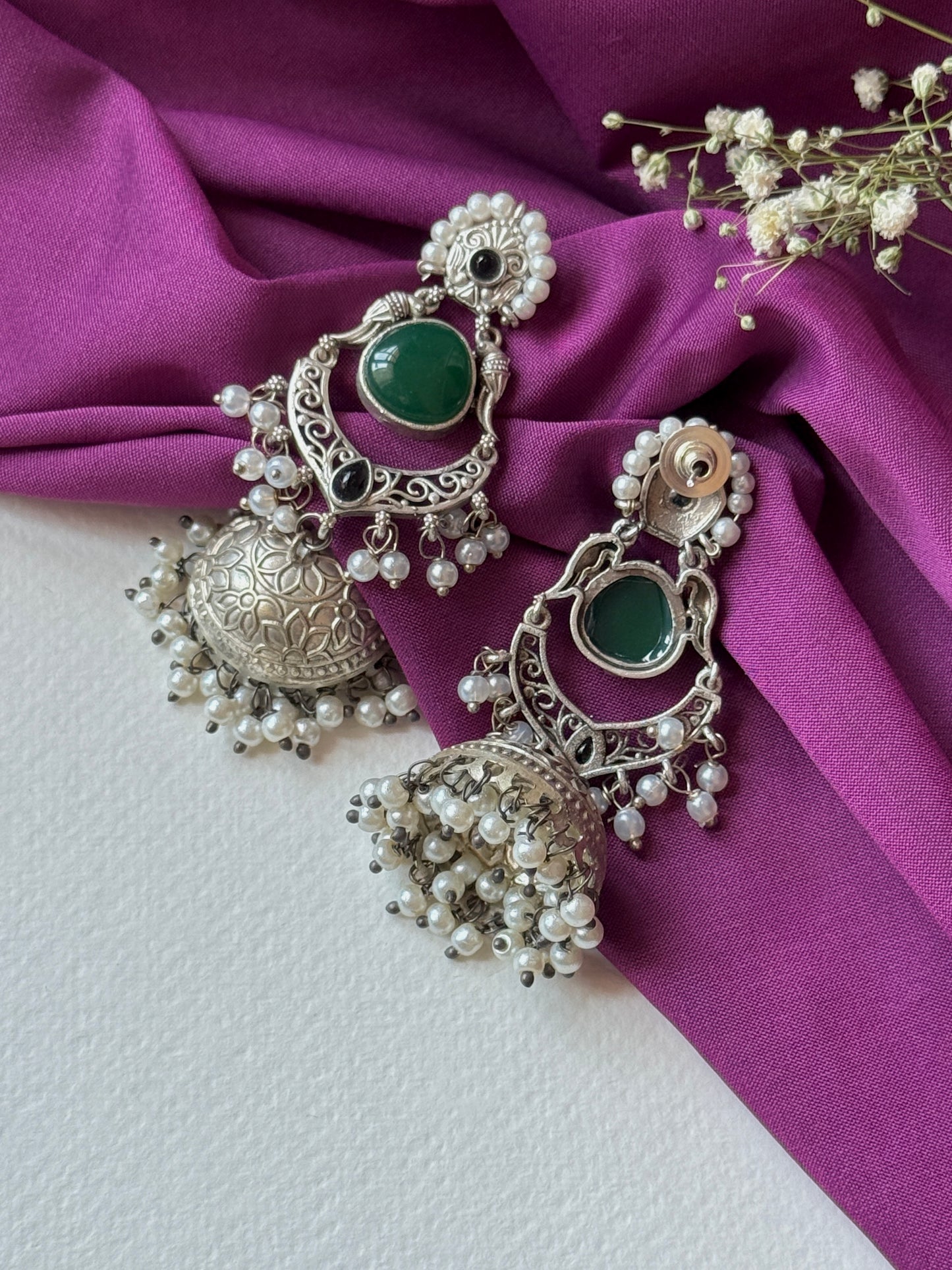 Silver Lookalike Jhumka with Embedded Pearls