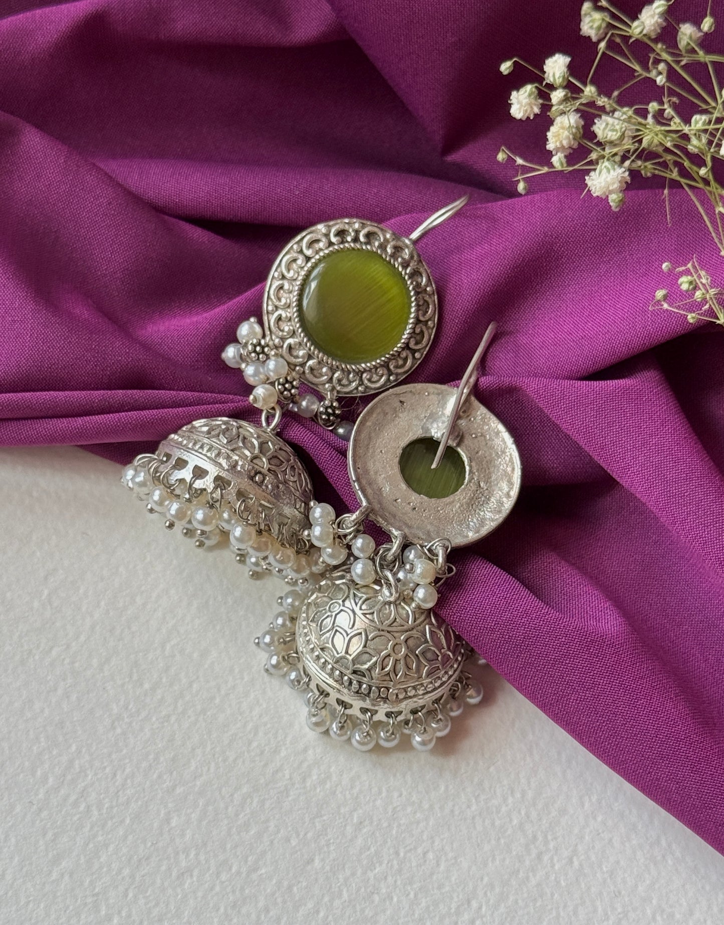 Silver Lookalike Jhumka with Dangling Pearls