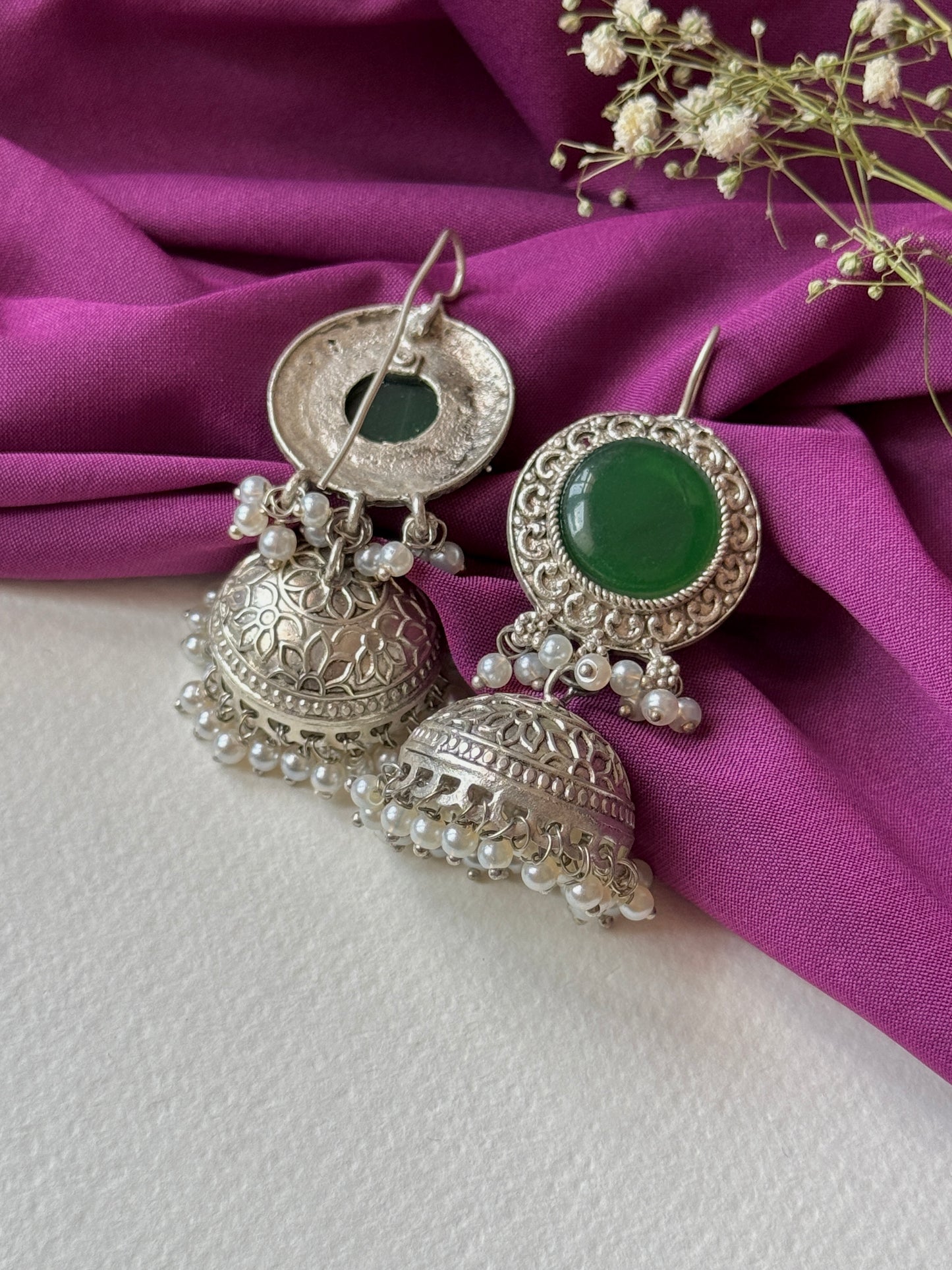 Silver Lookalike Jhumka with Dangling Pearls