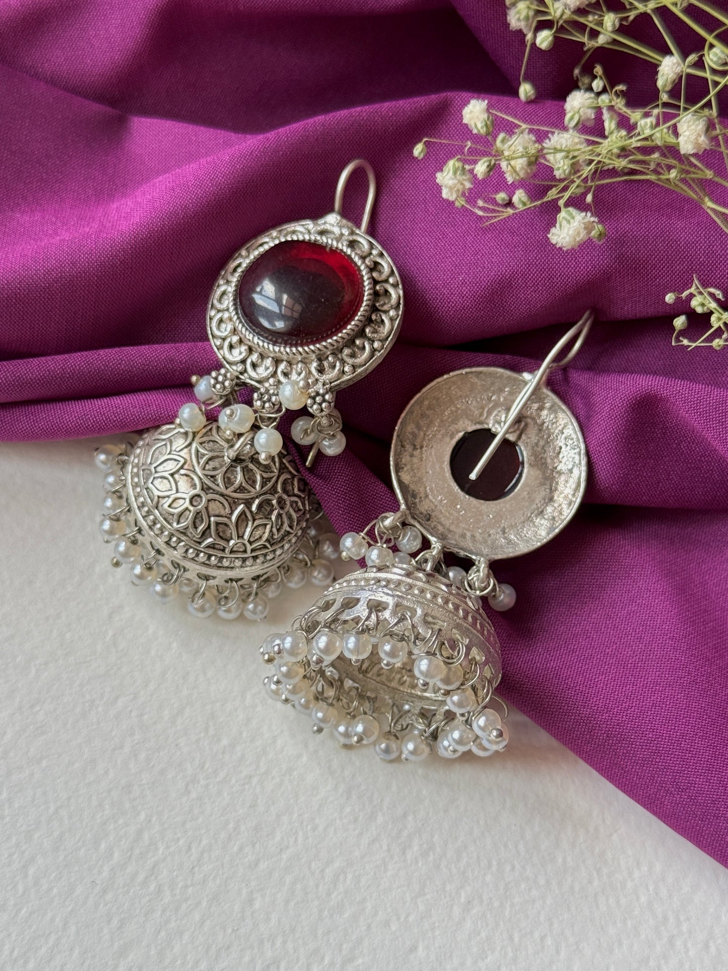 Silver Lookalike Jhumka with Dangling Pearls