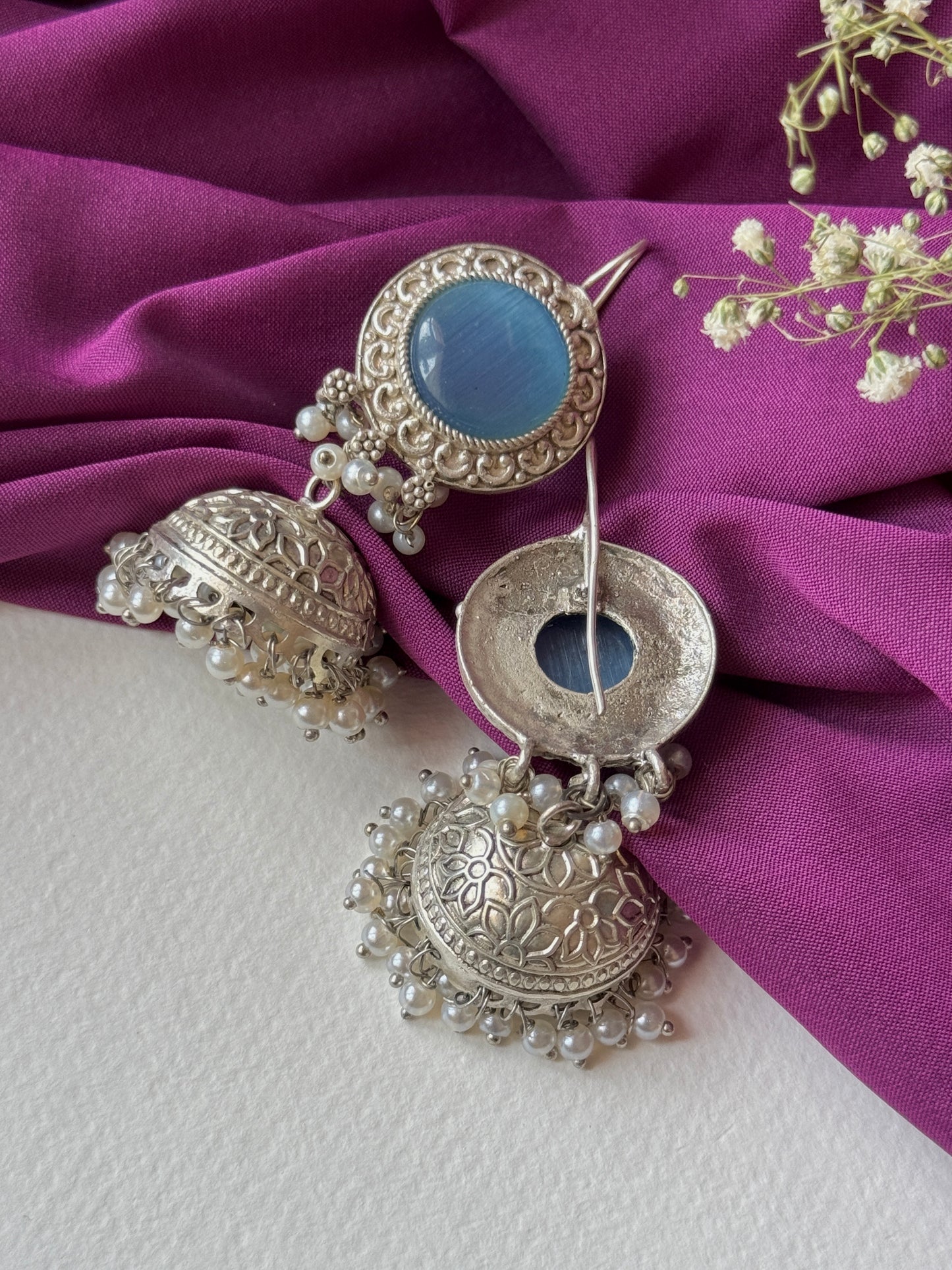 Silver Lookalike Jhumka with Dangling Pearls