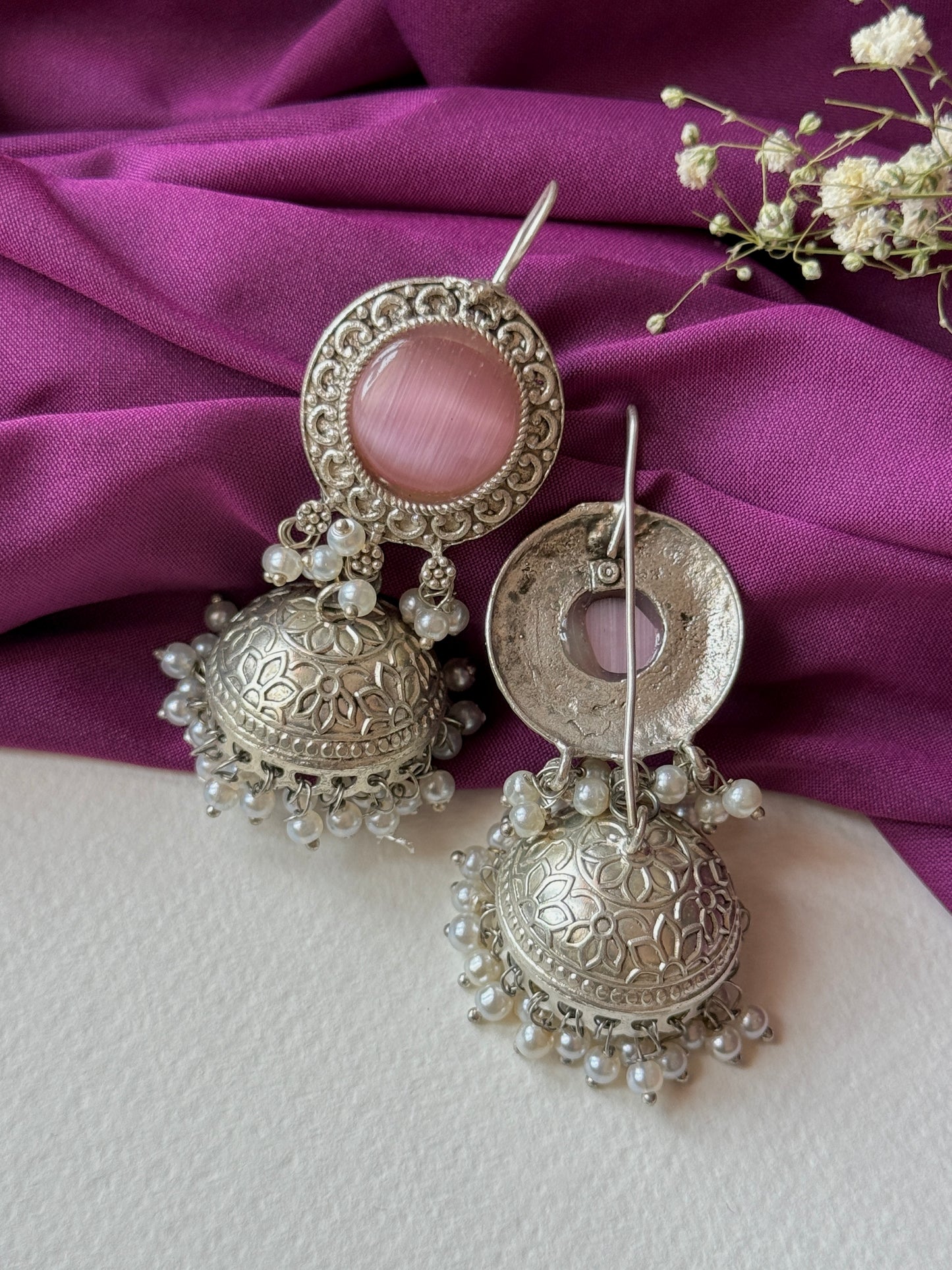Silver Lookalike Jhumka with Dangling Pearls