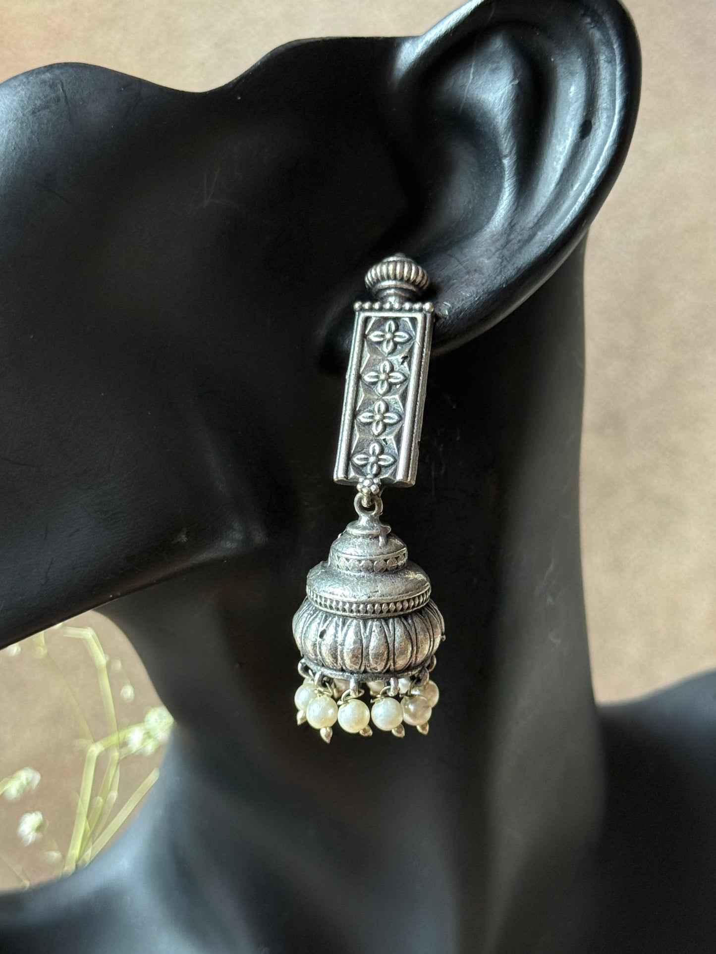 Silver Replica Hanging Earrings with Jhumka – Traditional Elegance