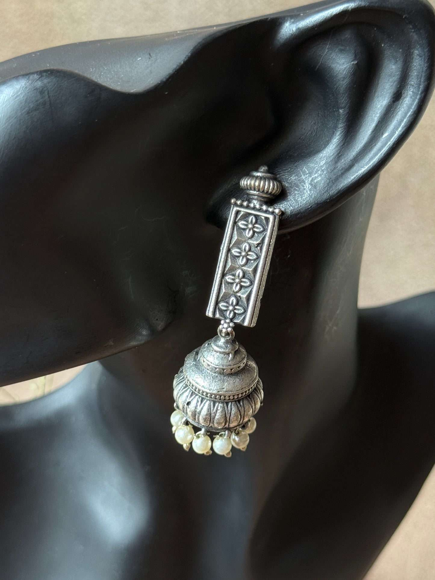 Silver Replica Hanging Earrings with Jhumka – Traditional Elegance