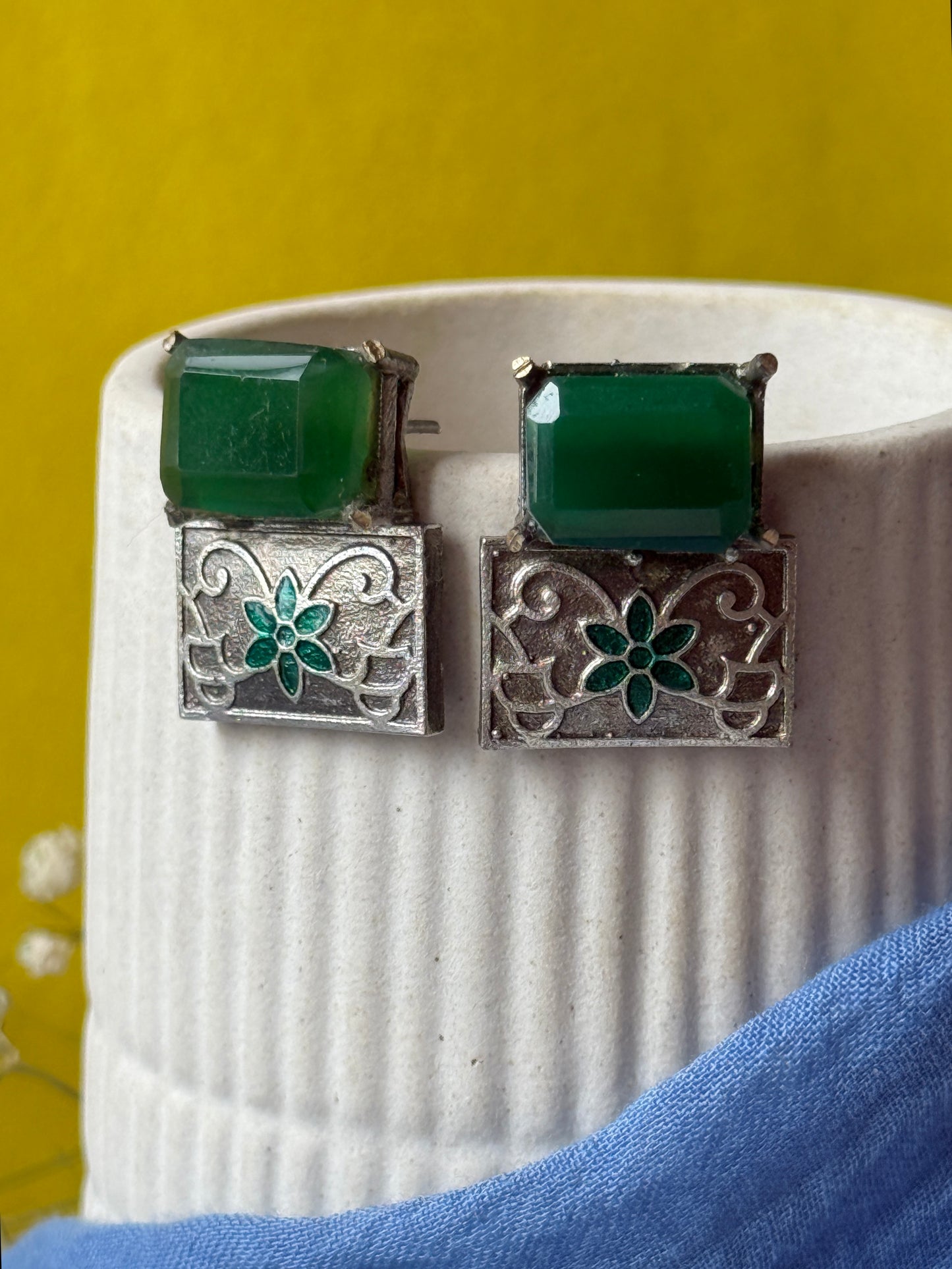 Brass Statement Earrings with Green Stone
