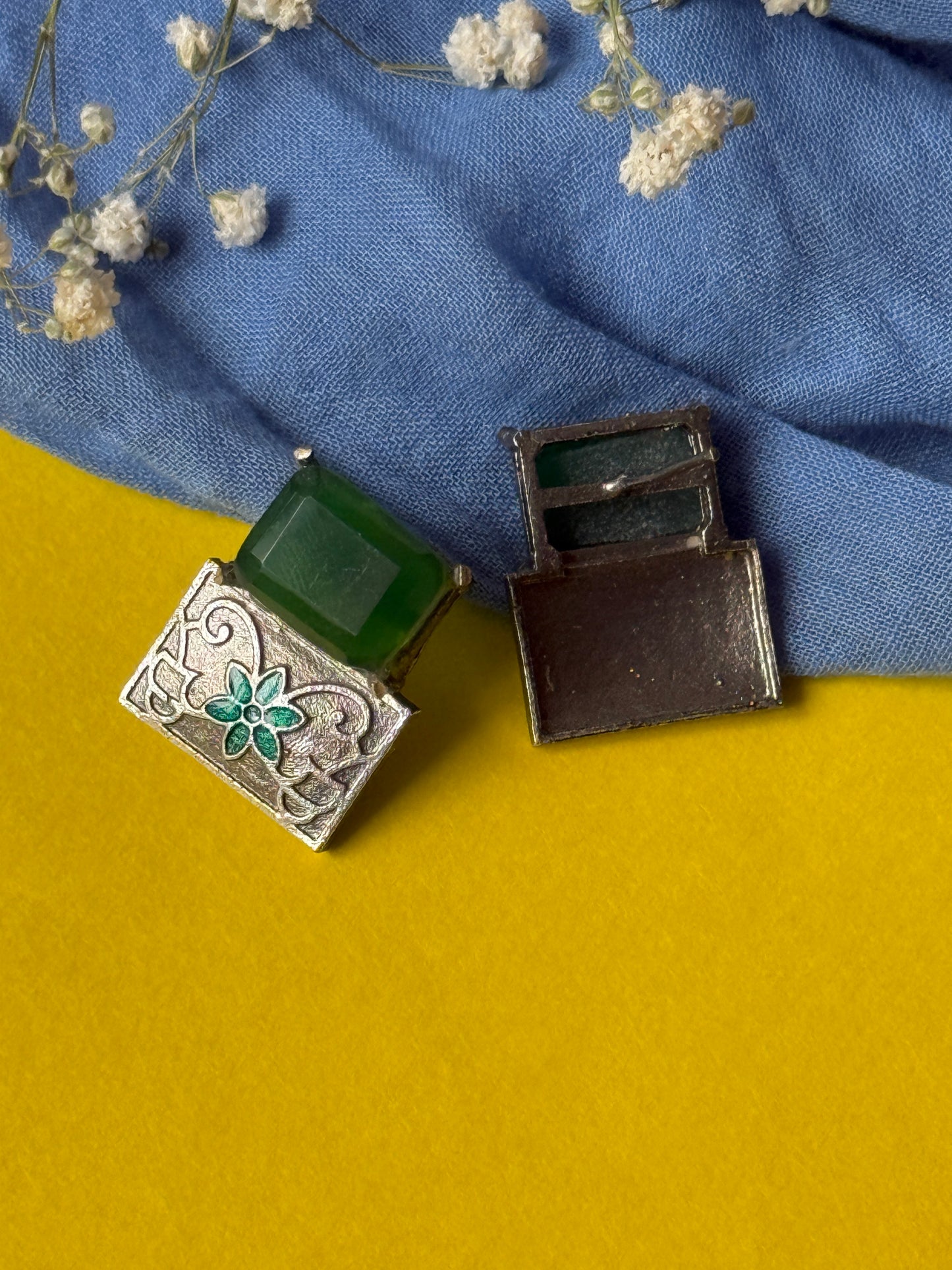 Brass Statement Earrings with Green Stone
