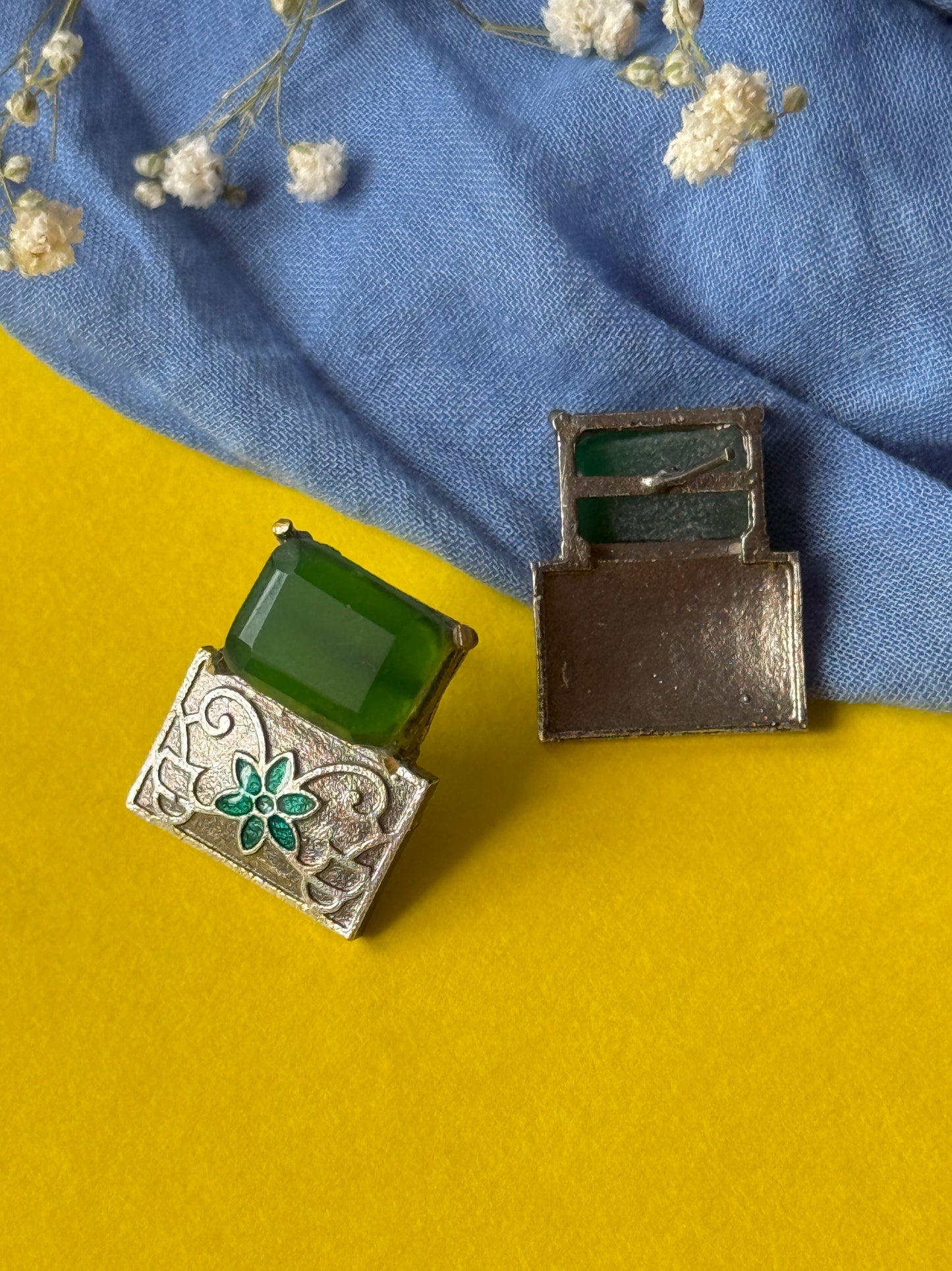Brass Statement Earrings with Green Stone