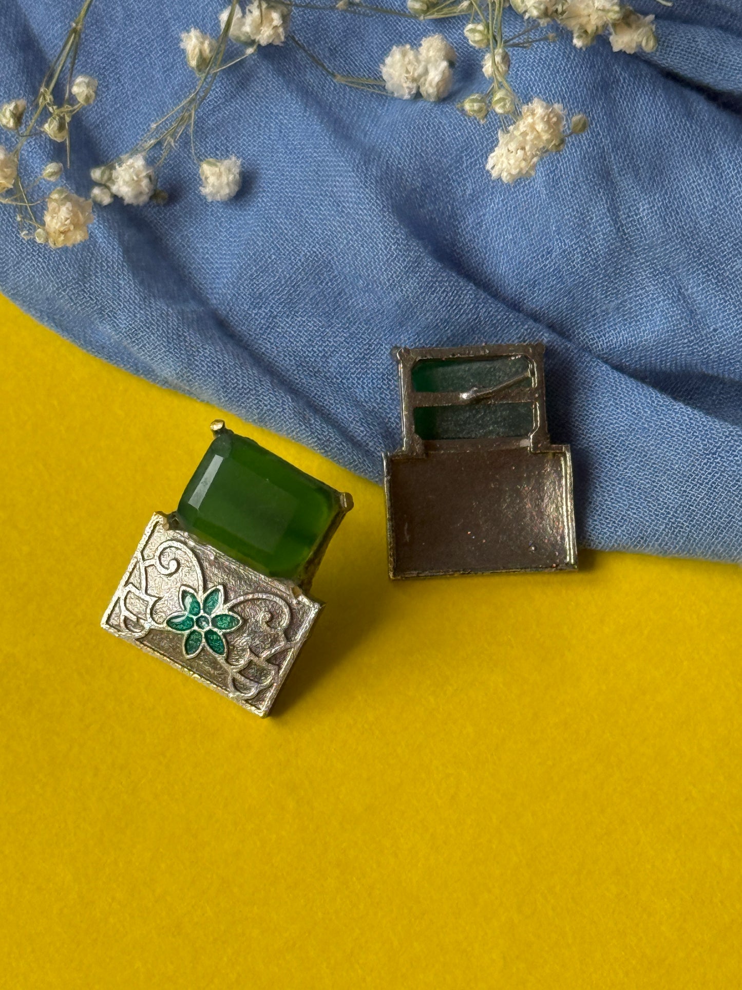 Brass Statement Earrings with Green Stone