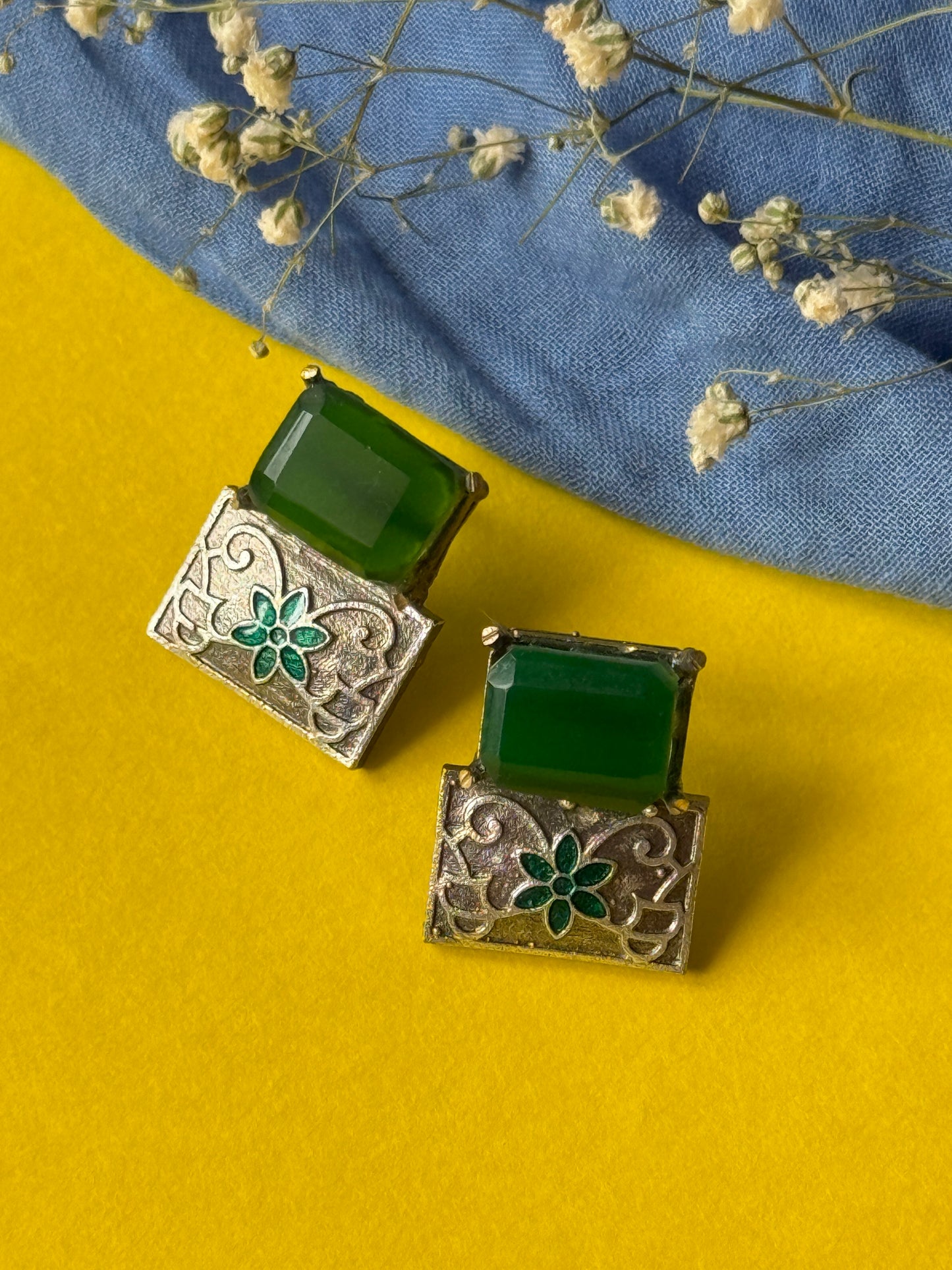 Brass Statement Earrings with Green Stone
