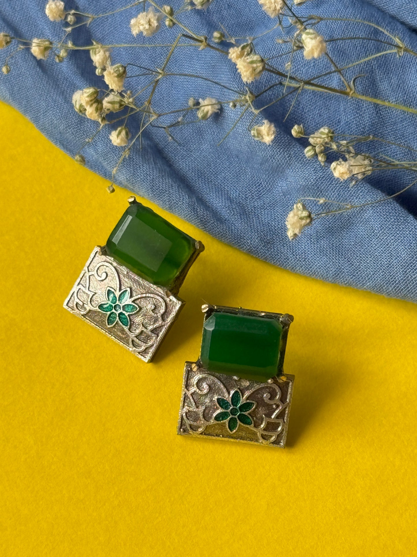 Brass Statement Earrings with Green Stone