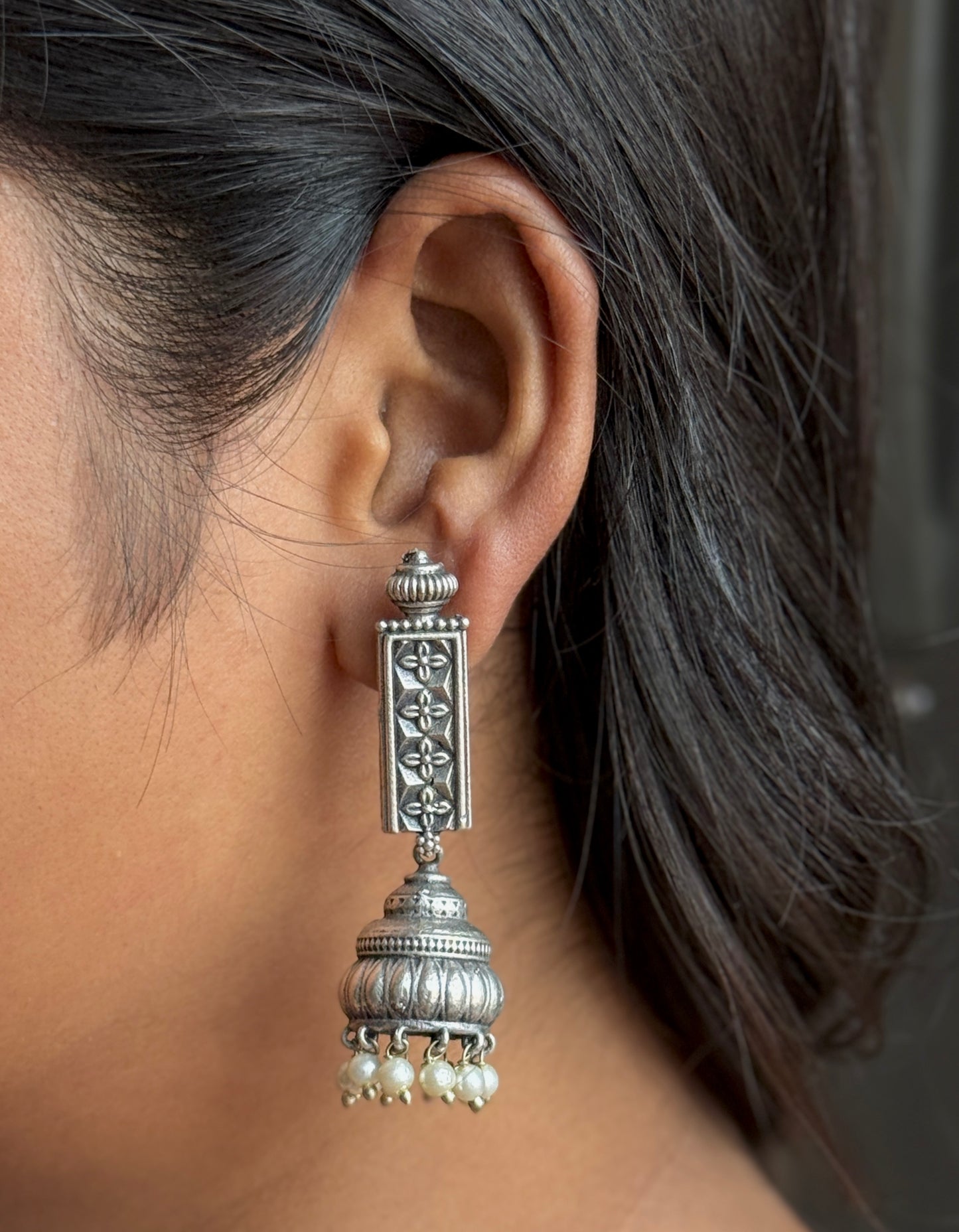 Silver Replica Hanging Earrings with Jhumka – Traditional Elegance