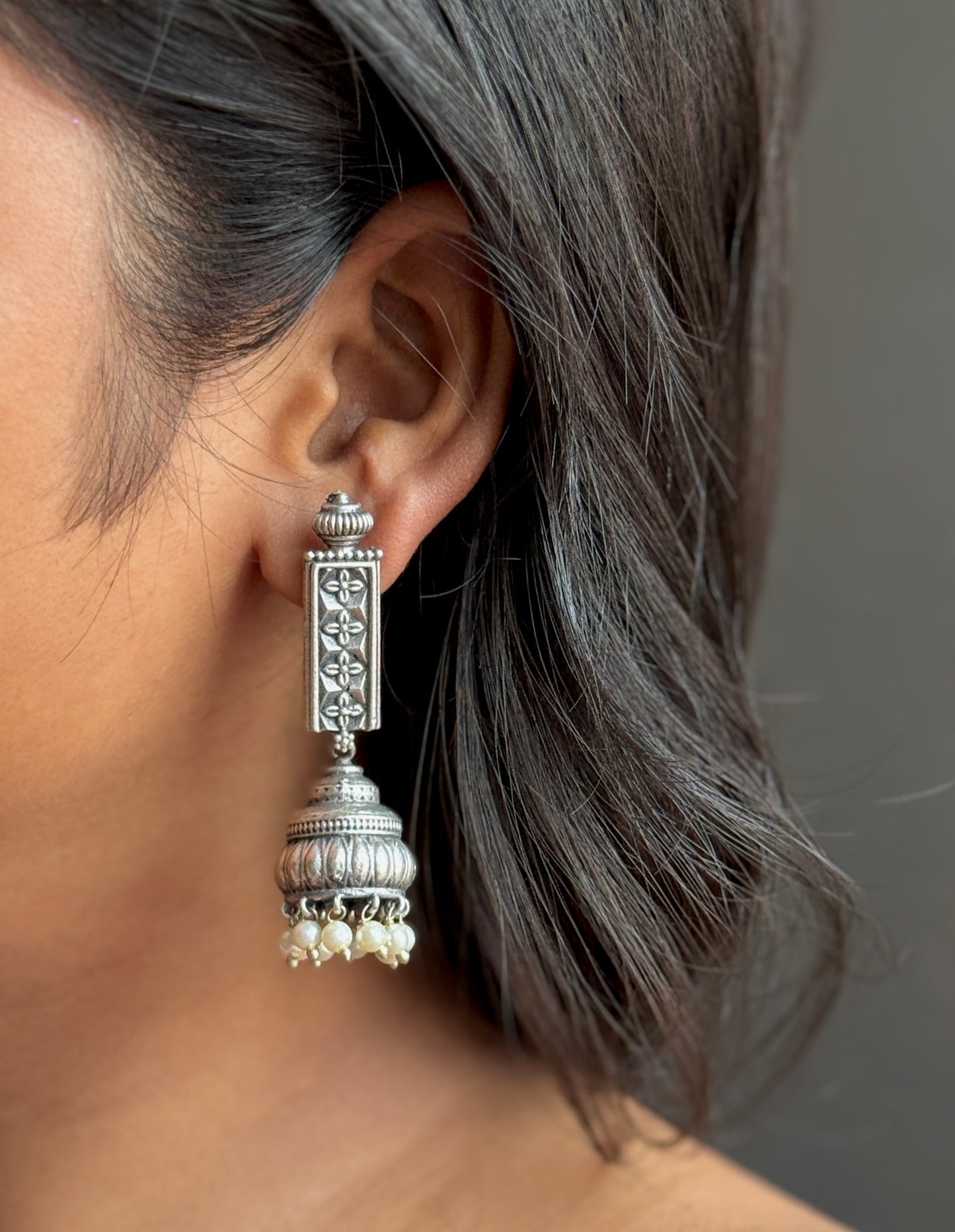 Silver Replica Hanging Earrings with Jhumka – Traditional Elegance