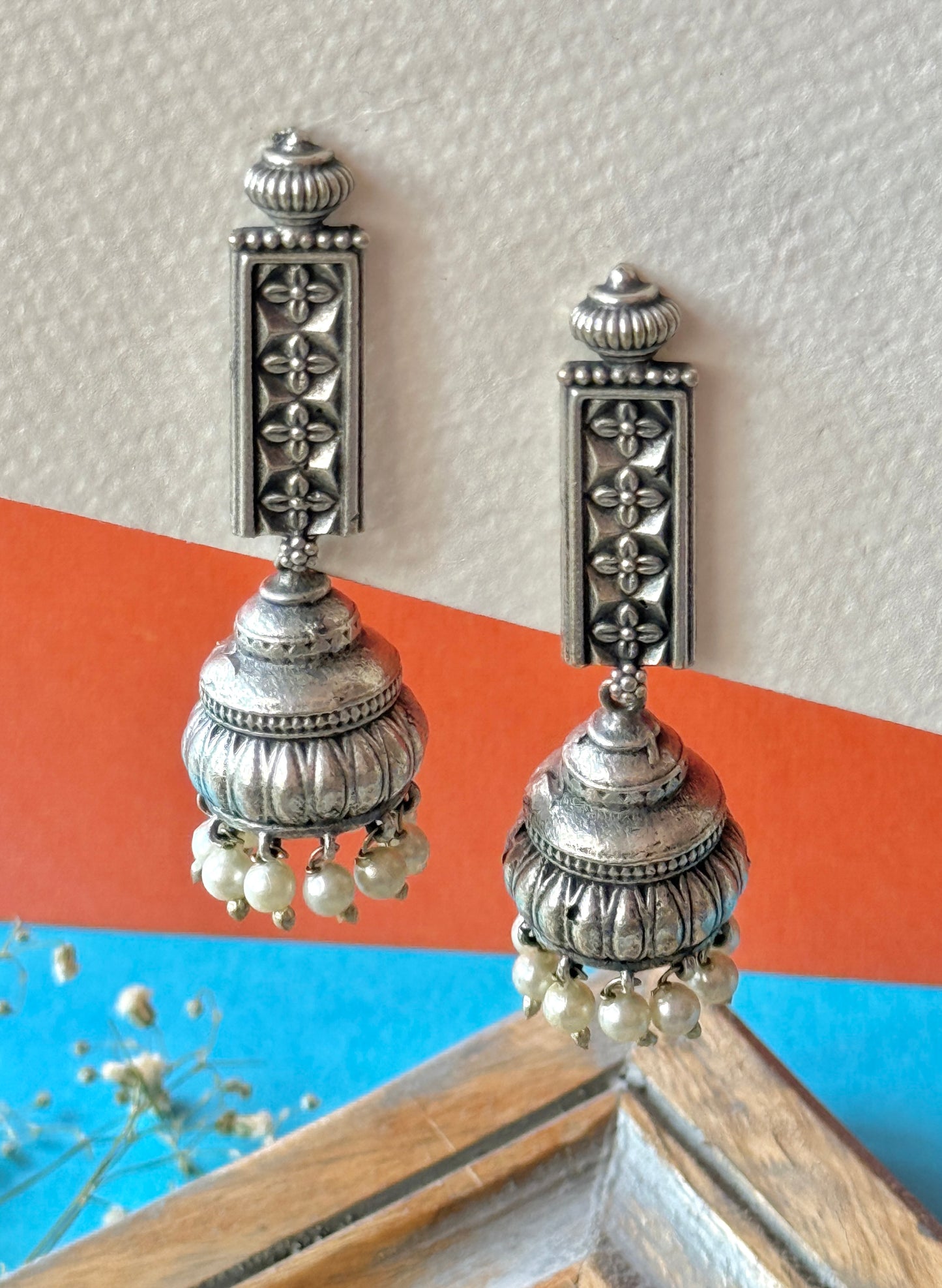 Silver Replica Hanging Earrings with Jhumka – Traditional Elegance