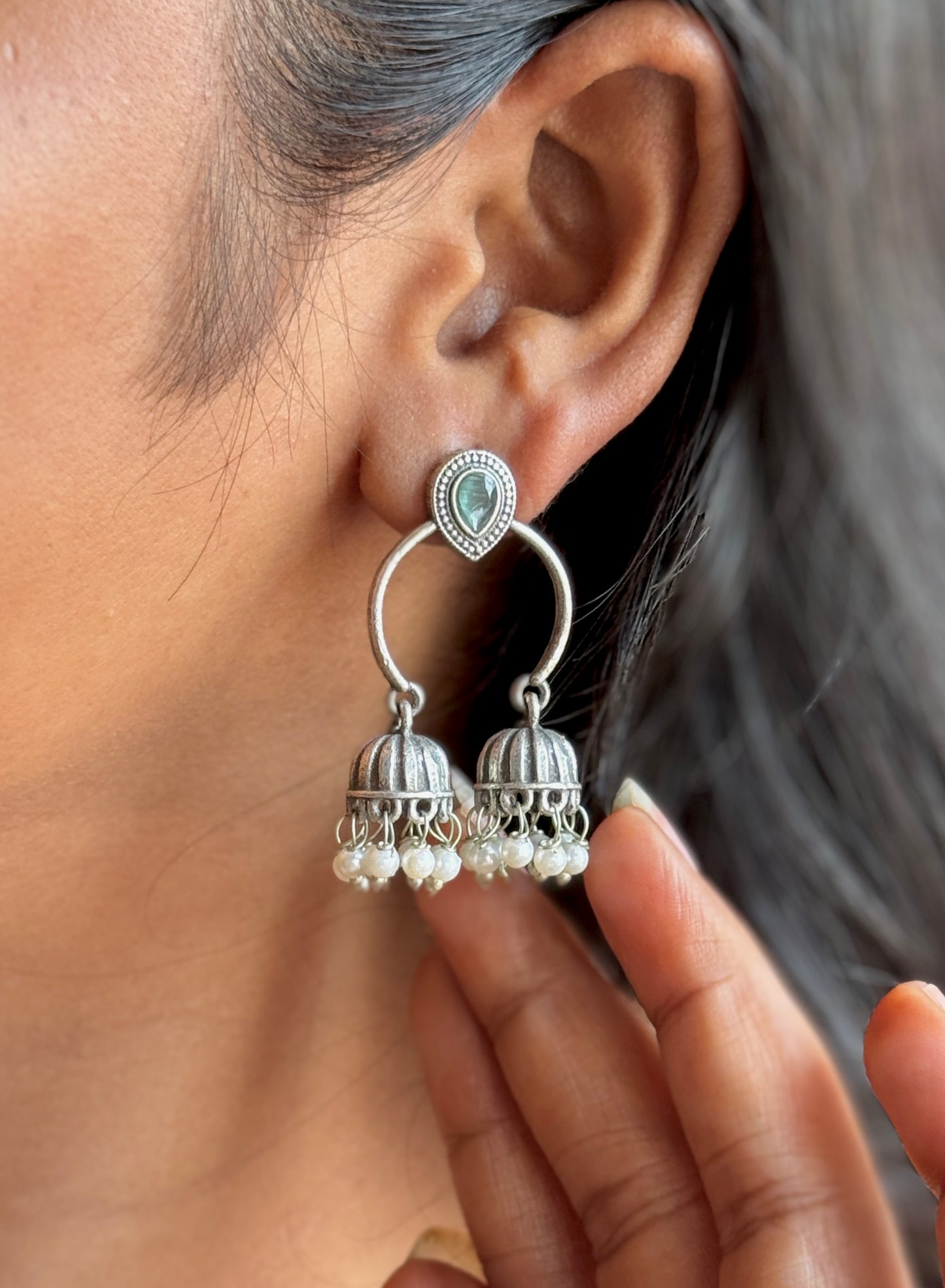 Silver Lookalike Dual Jhumki Earrings