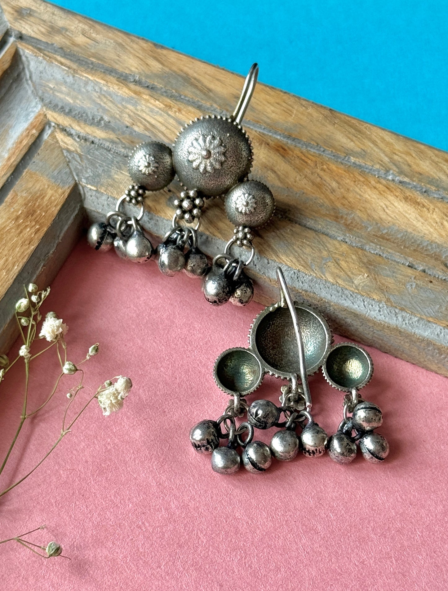 Silver Replica Hook Earrings with Ghungroo