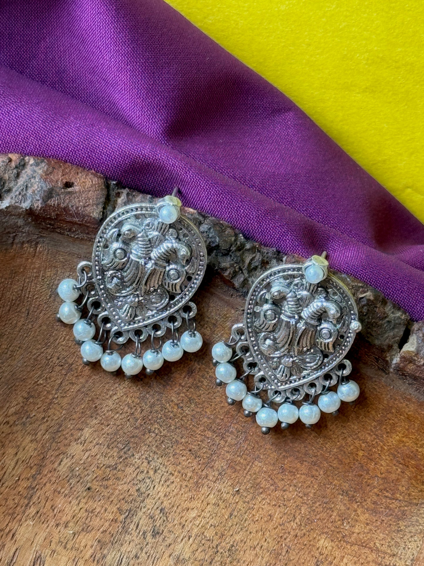 Silver Lookalike Self-Engraved Pearl Embedded Stud Earrings