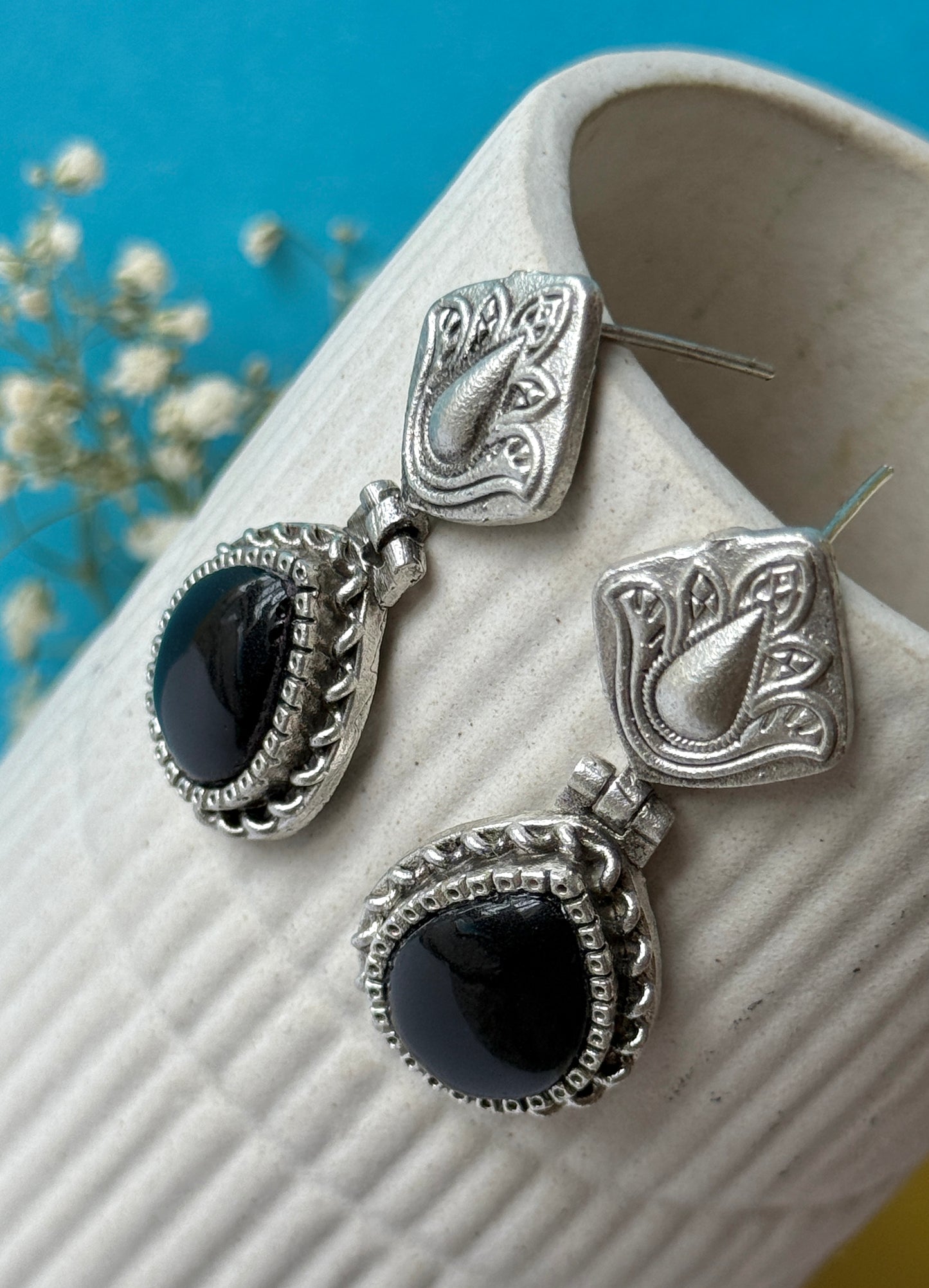Silver lookalike Silk Stone Flower Engraved Earrings
