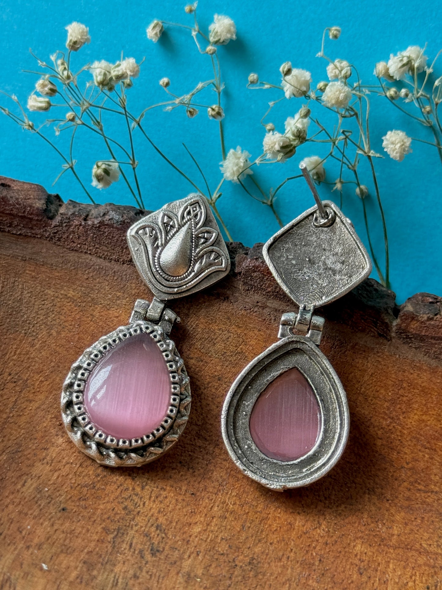 Silver lookalike Silk Stone Flower Engraved Earrings
