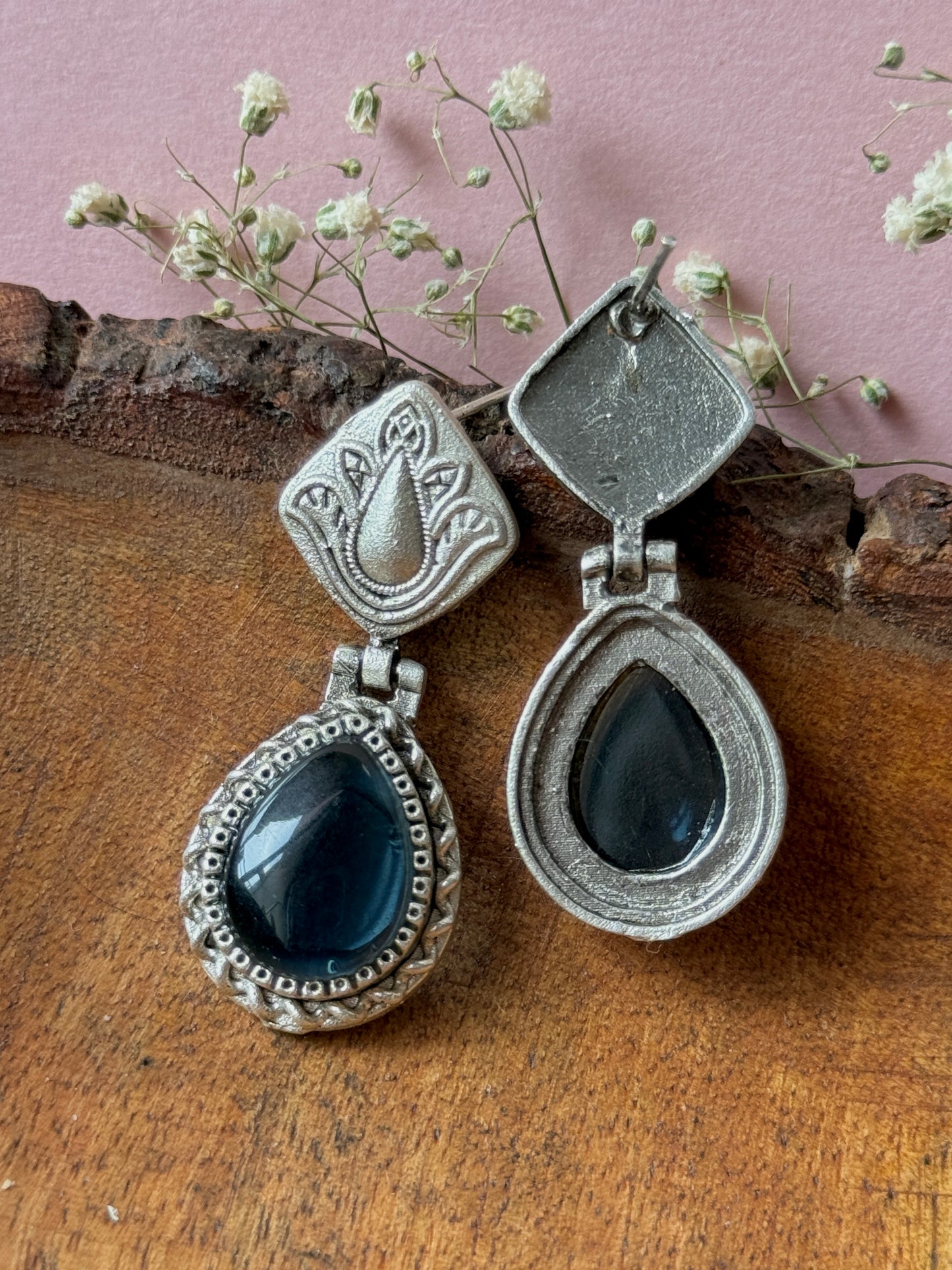 Silver lookalike Silk Stone Flower Engraved Earrings