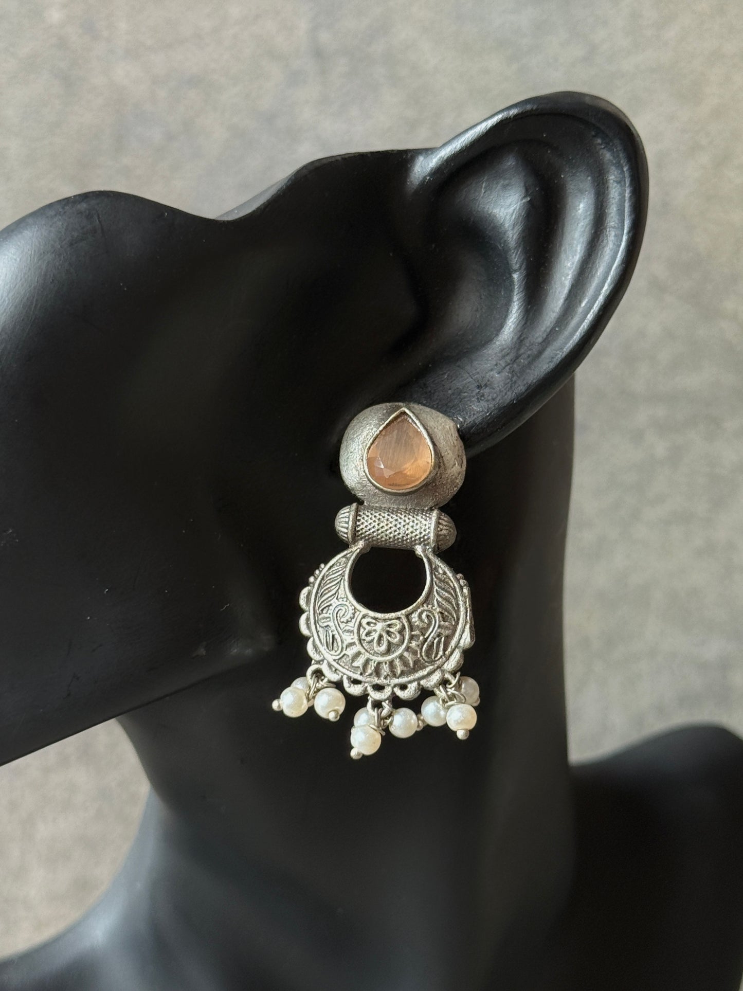Silver Replica Engraved Earrings with Dangling Pearls