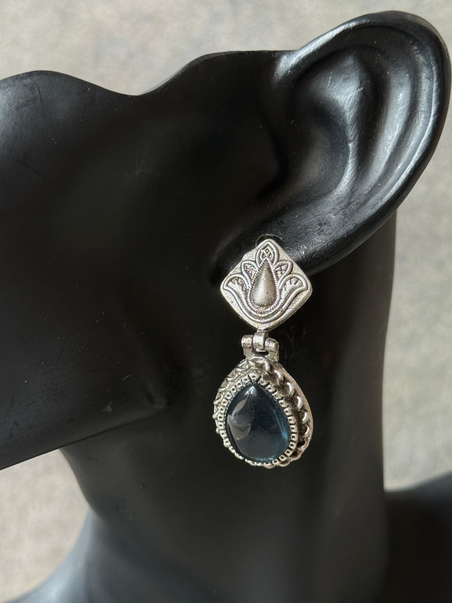 Silver lookalike Silk Stone Flower Engraved Earrings