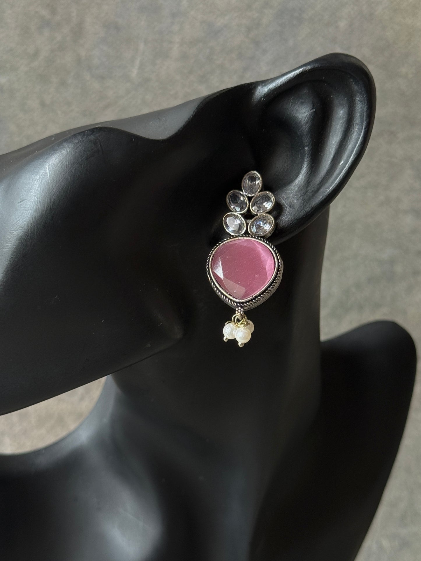 Pink Silk Stone Embedded with White Stone Earrings