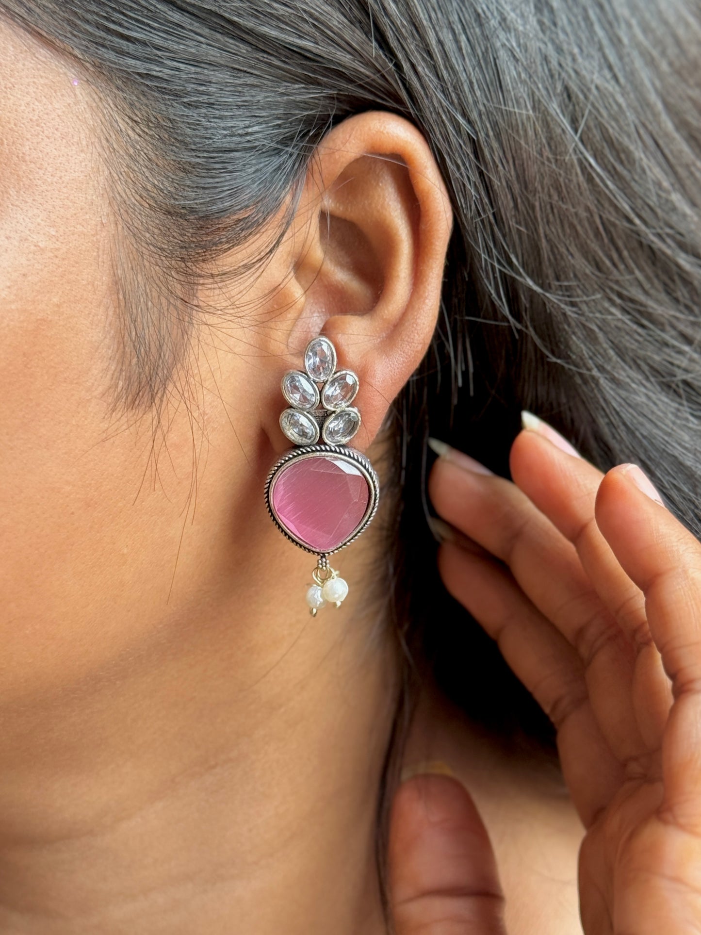 Pink Silk Stone Embedded with White Stone Earrings