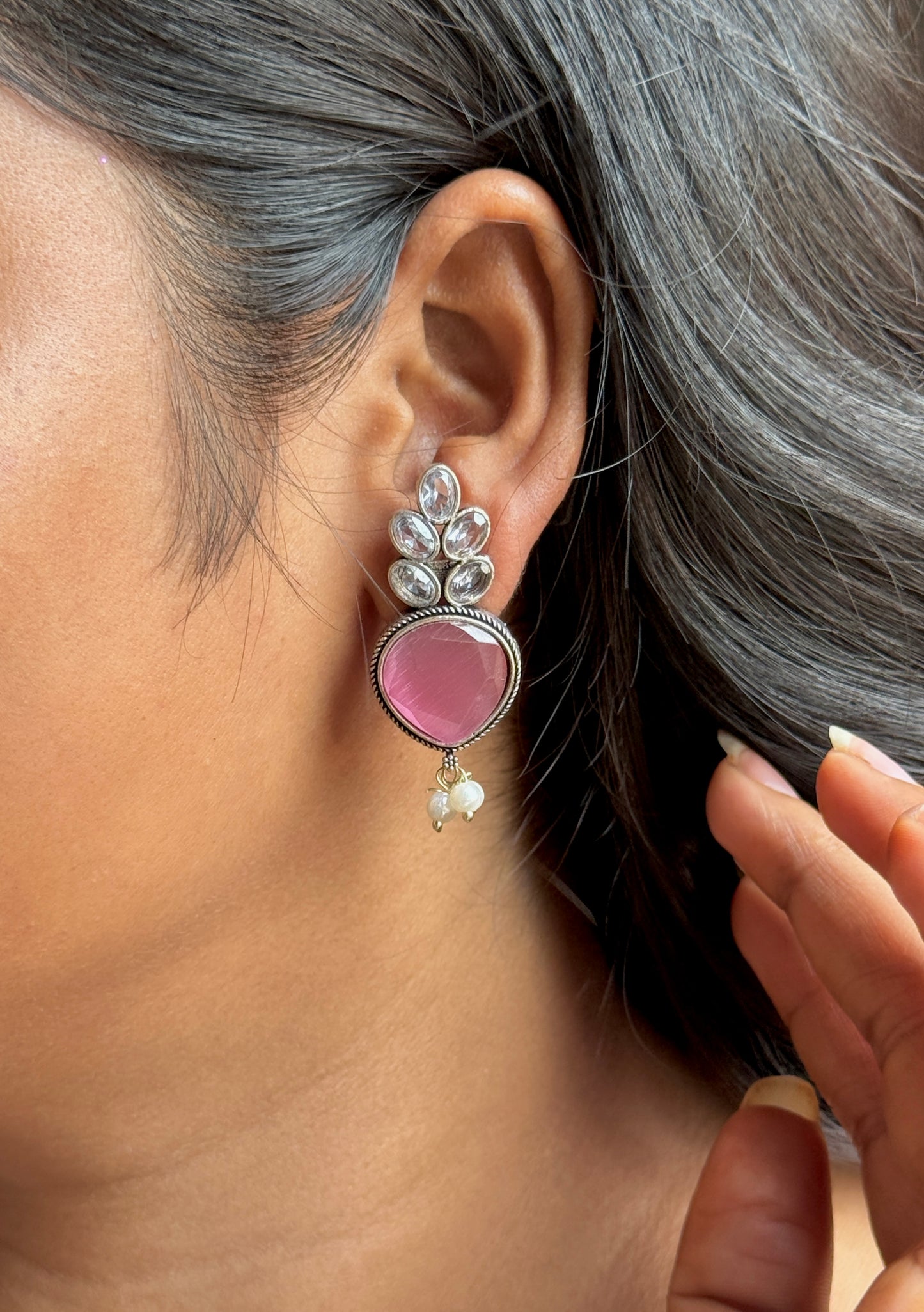 Pink Silk Stone Embedded with White Stone Earrings