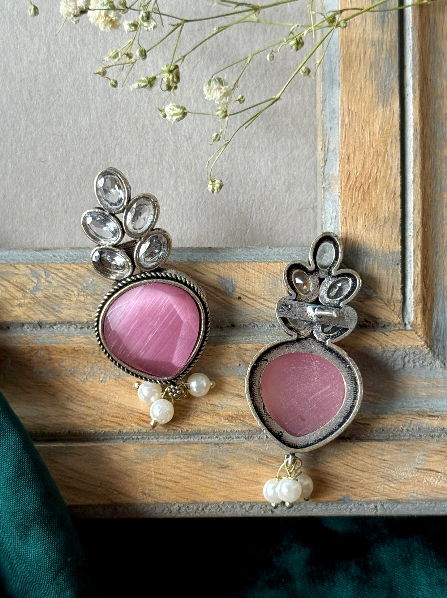 Pink Silk Stone Embedded with White Stone Earrings