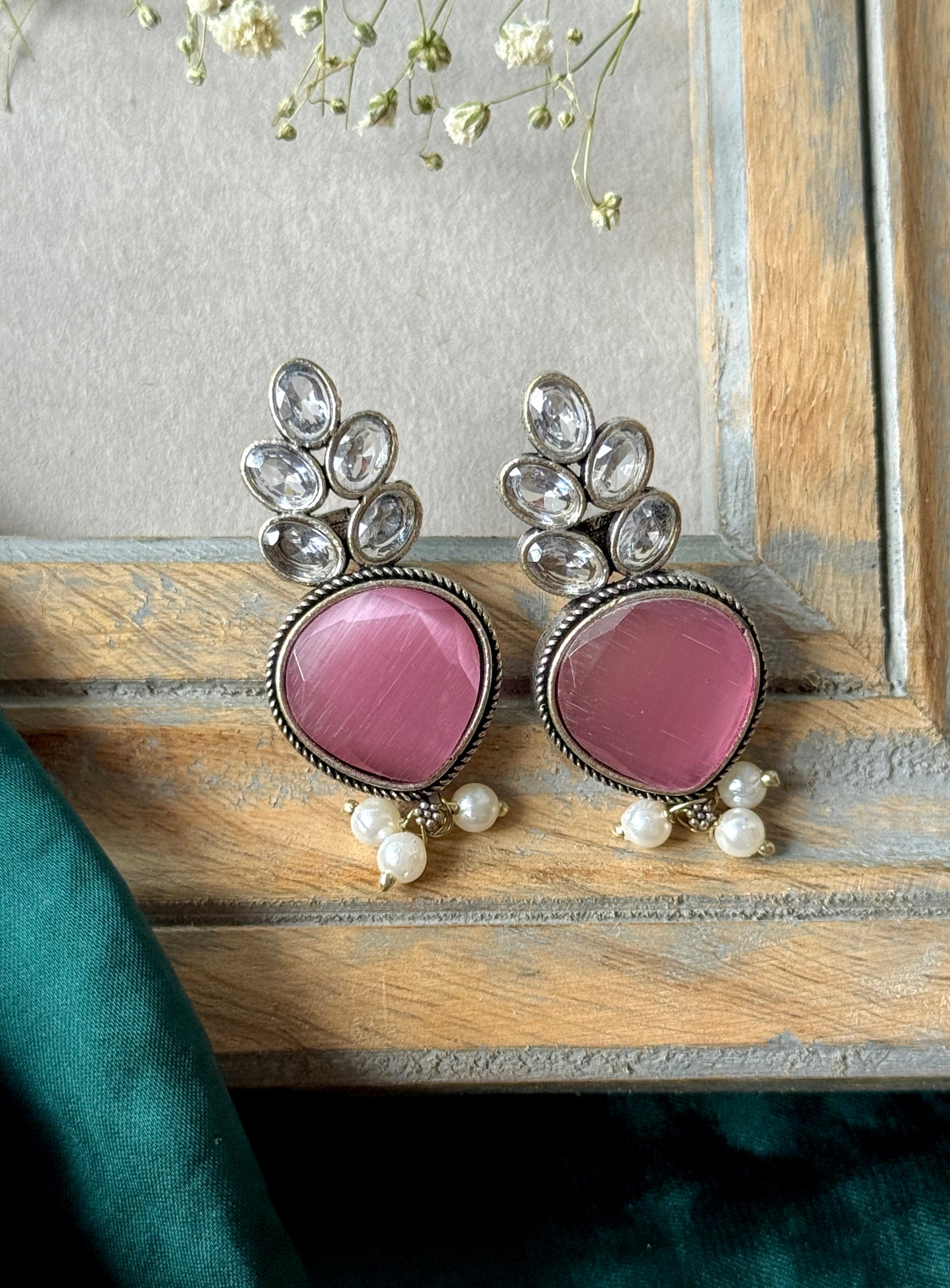 Pink Silk Stone Embedded with White Stone Earrings