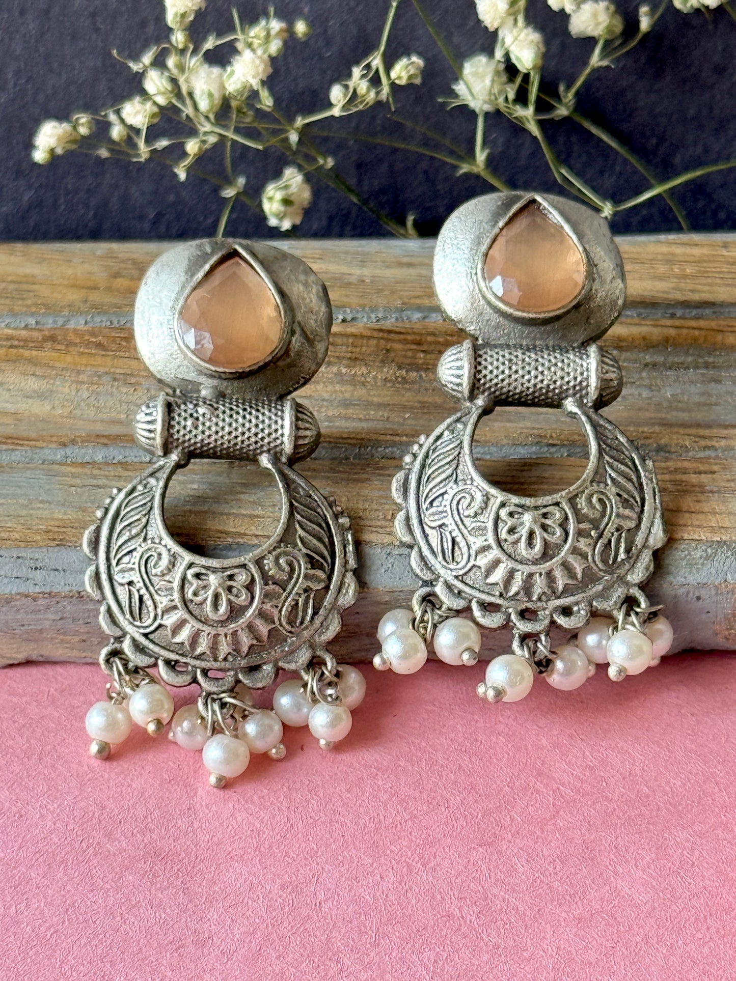 Silver Replica Engraved Earrings with Dangling Pearls