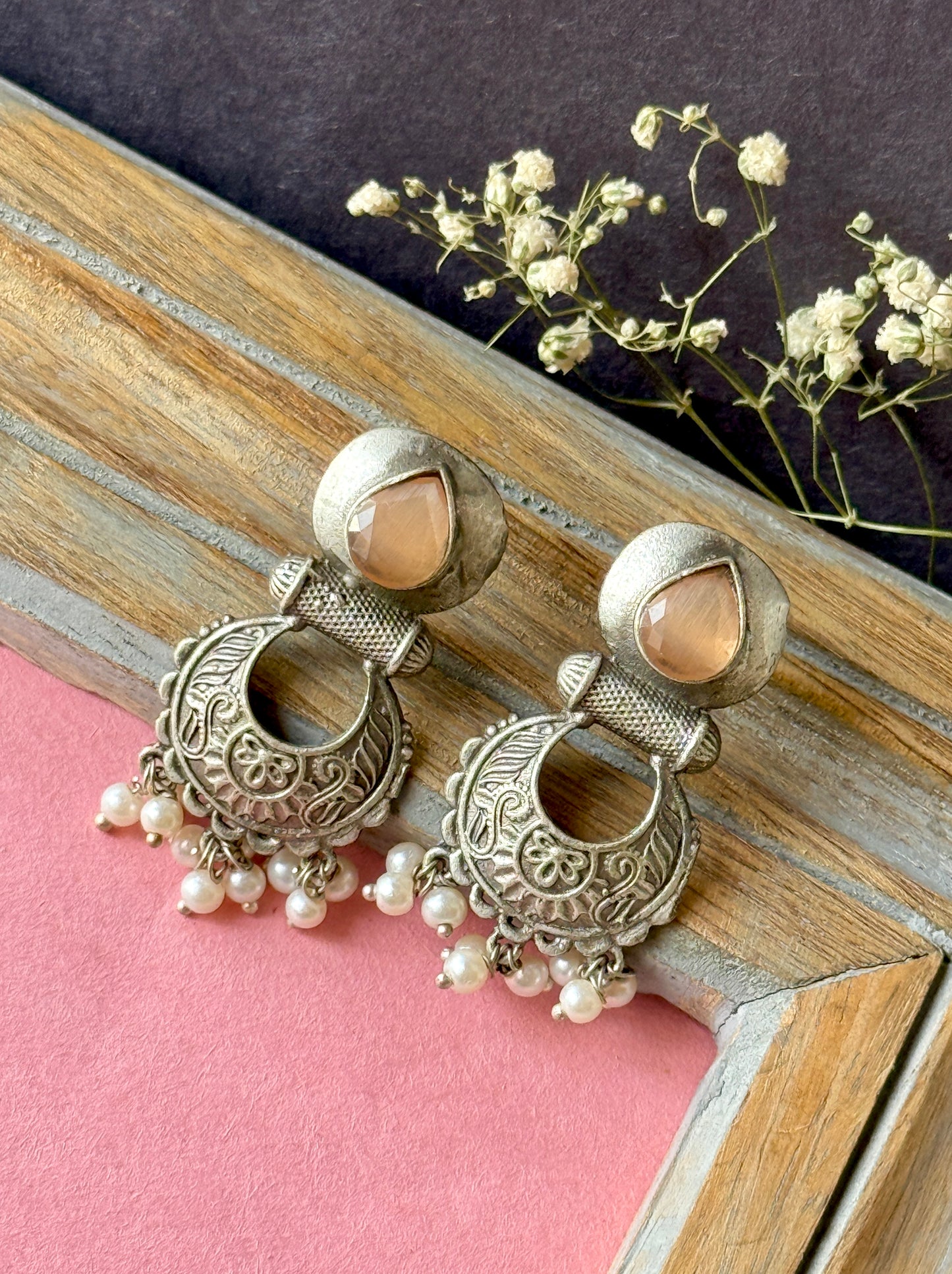 Silver Replica Engraved Earrings with Dangling Pearls
