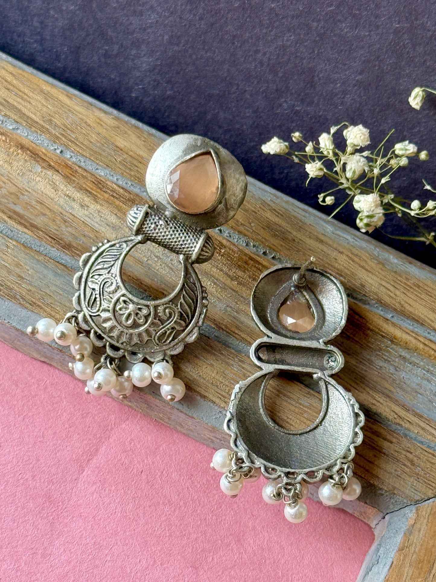 Silver Replica Engraved Earrings with Dangling Pearls