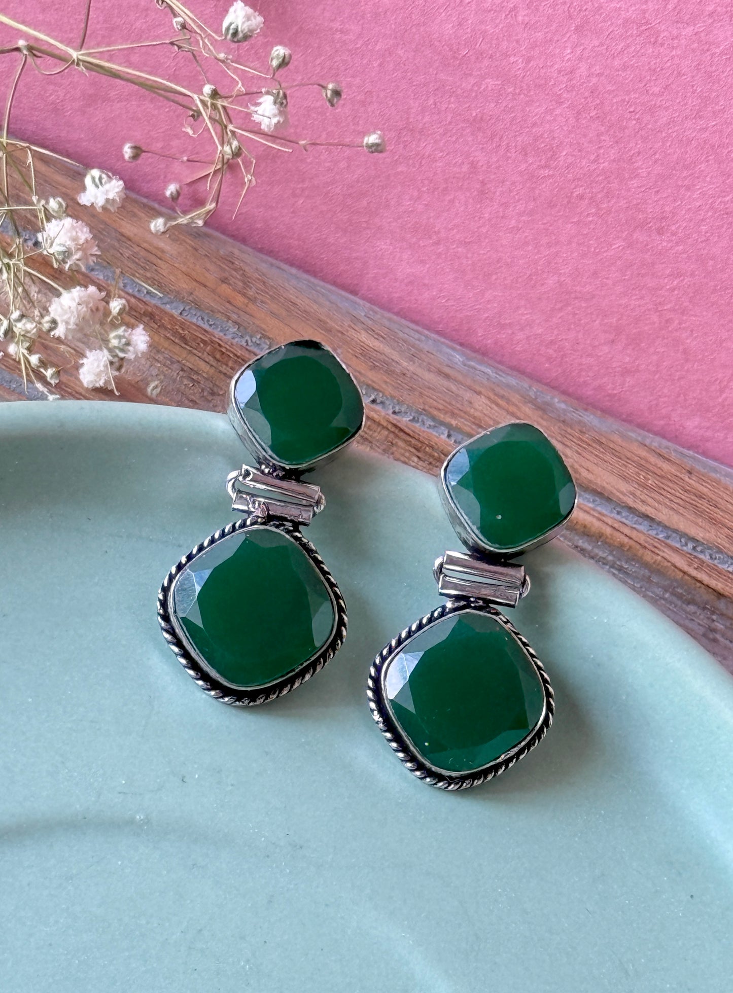 Dual Stone Dangling Green Earring