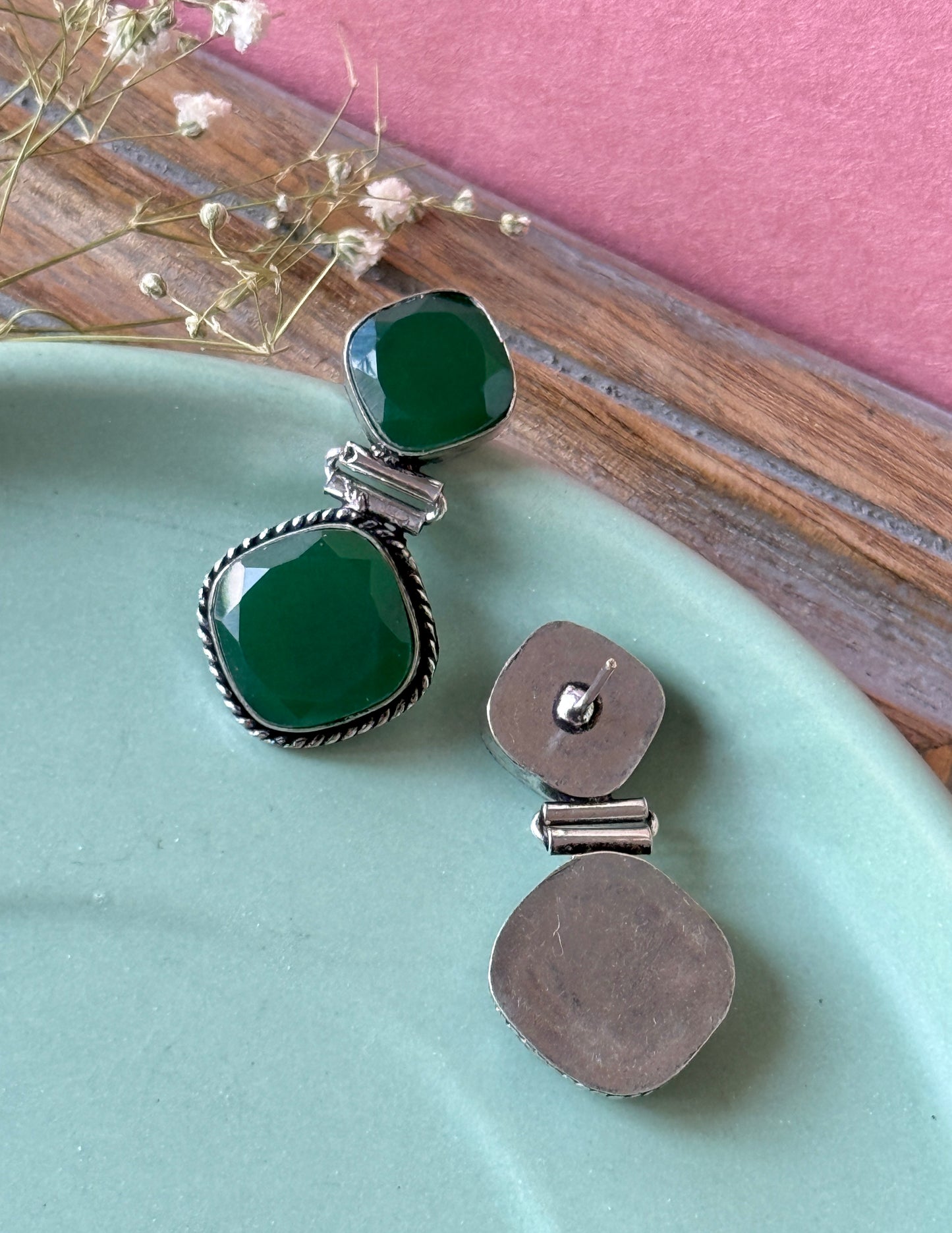 Dual Stone Dangling Green Earring