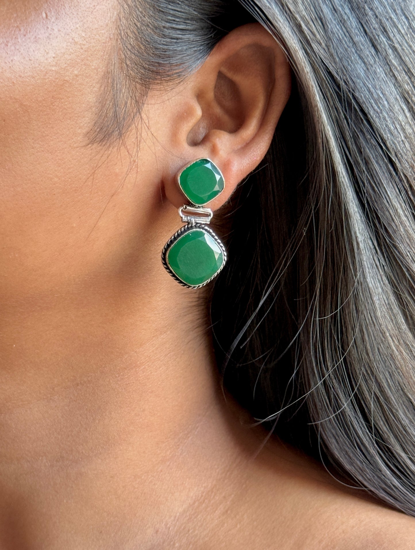 Dual Stone Dangling Green Earring