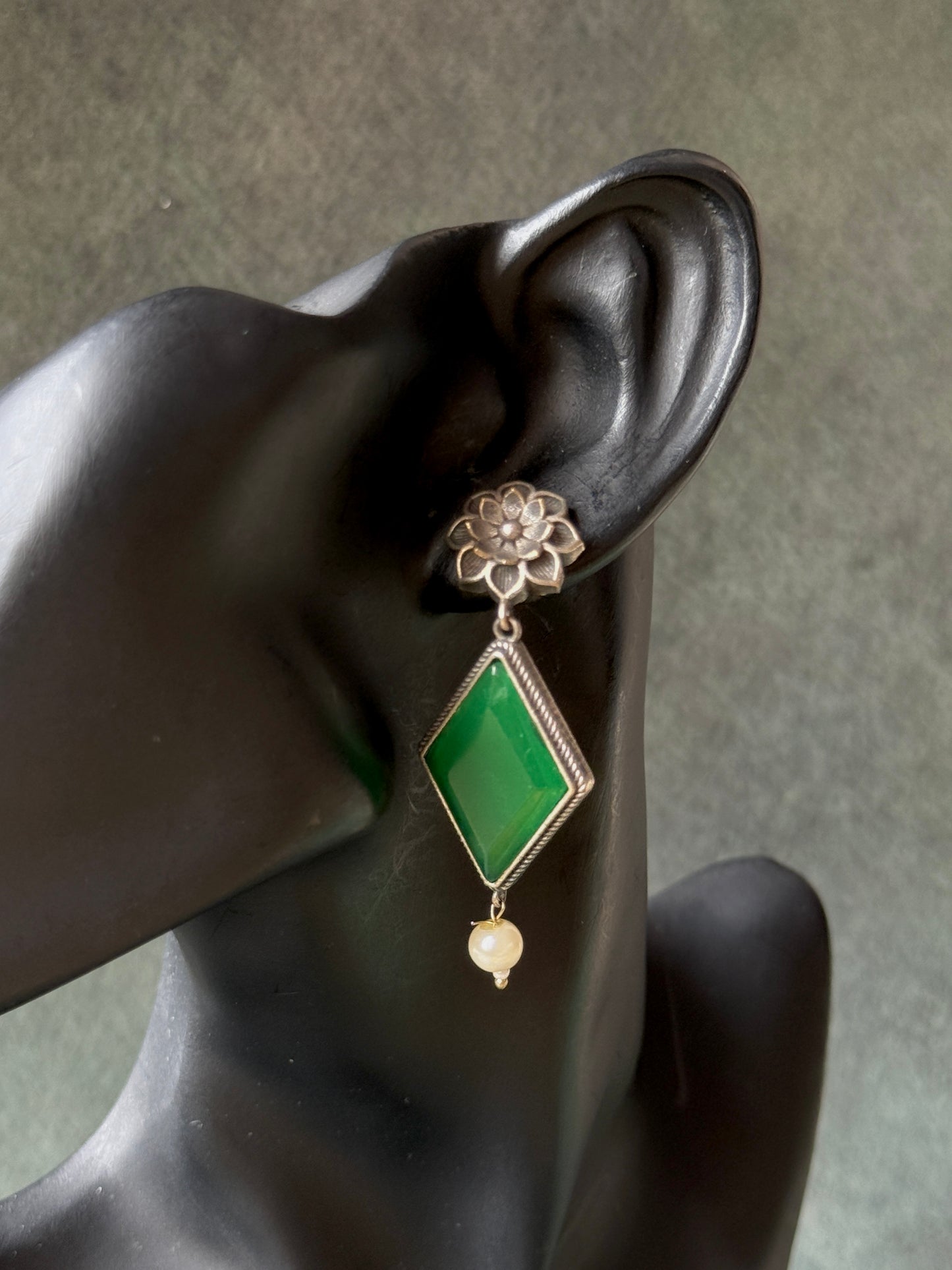 German Silver Flower Silk Stone Earrings